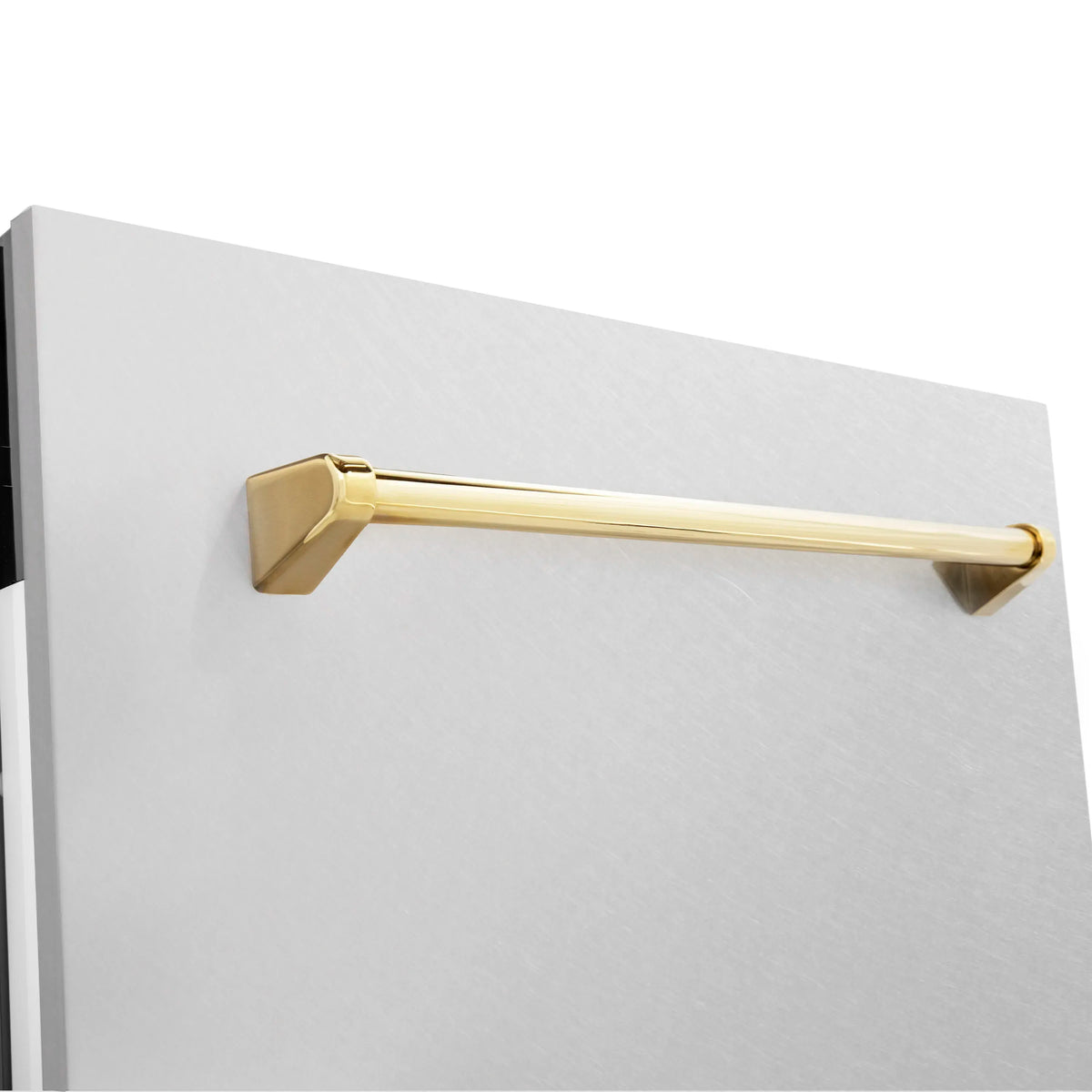 Dishwasher door with satin stainless panel and gold bar handle