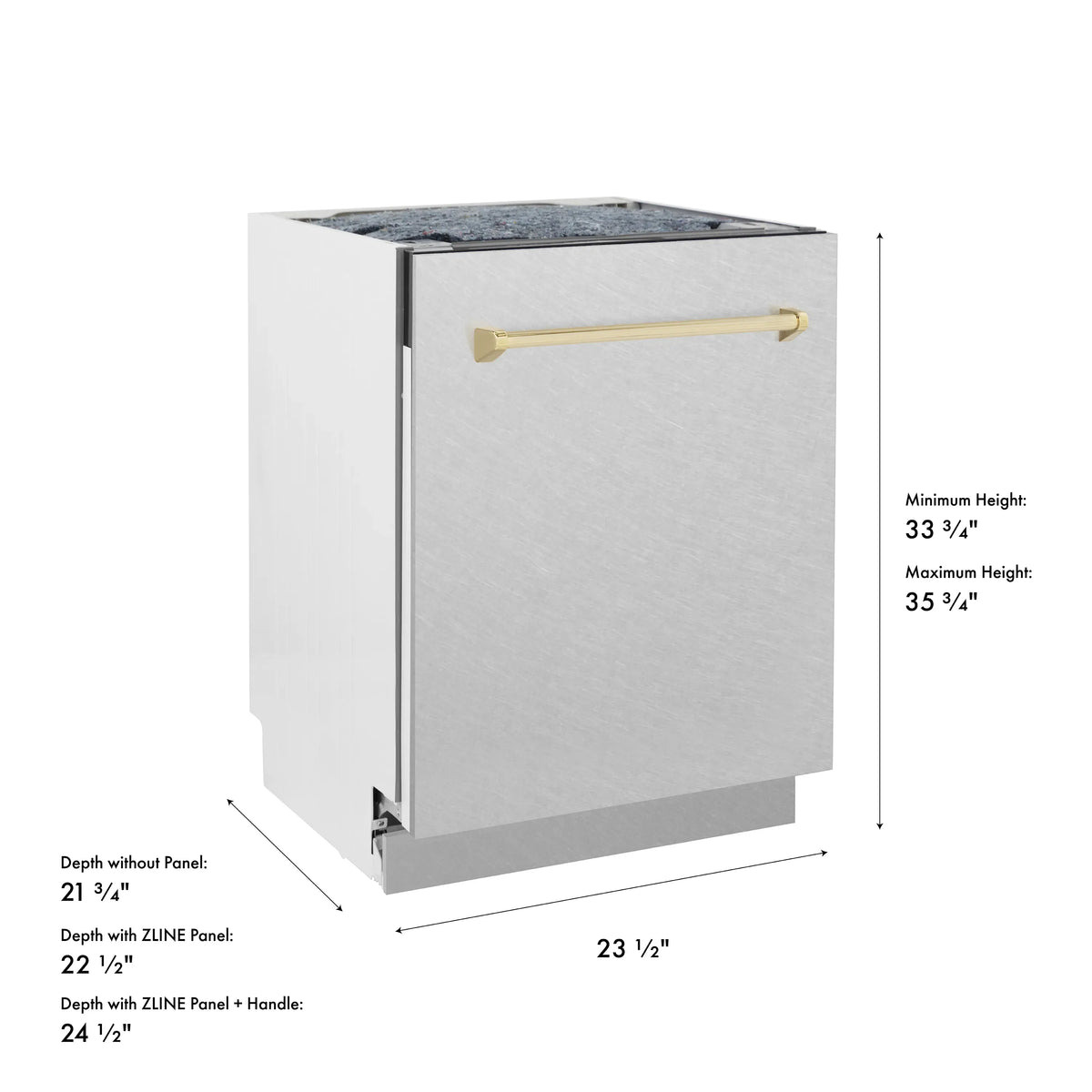 24-inch tall tub dishwasher dimensions with gold handle, side view