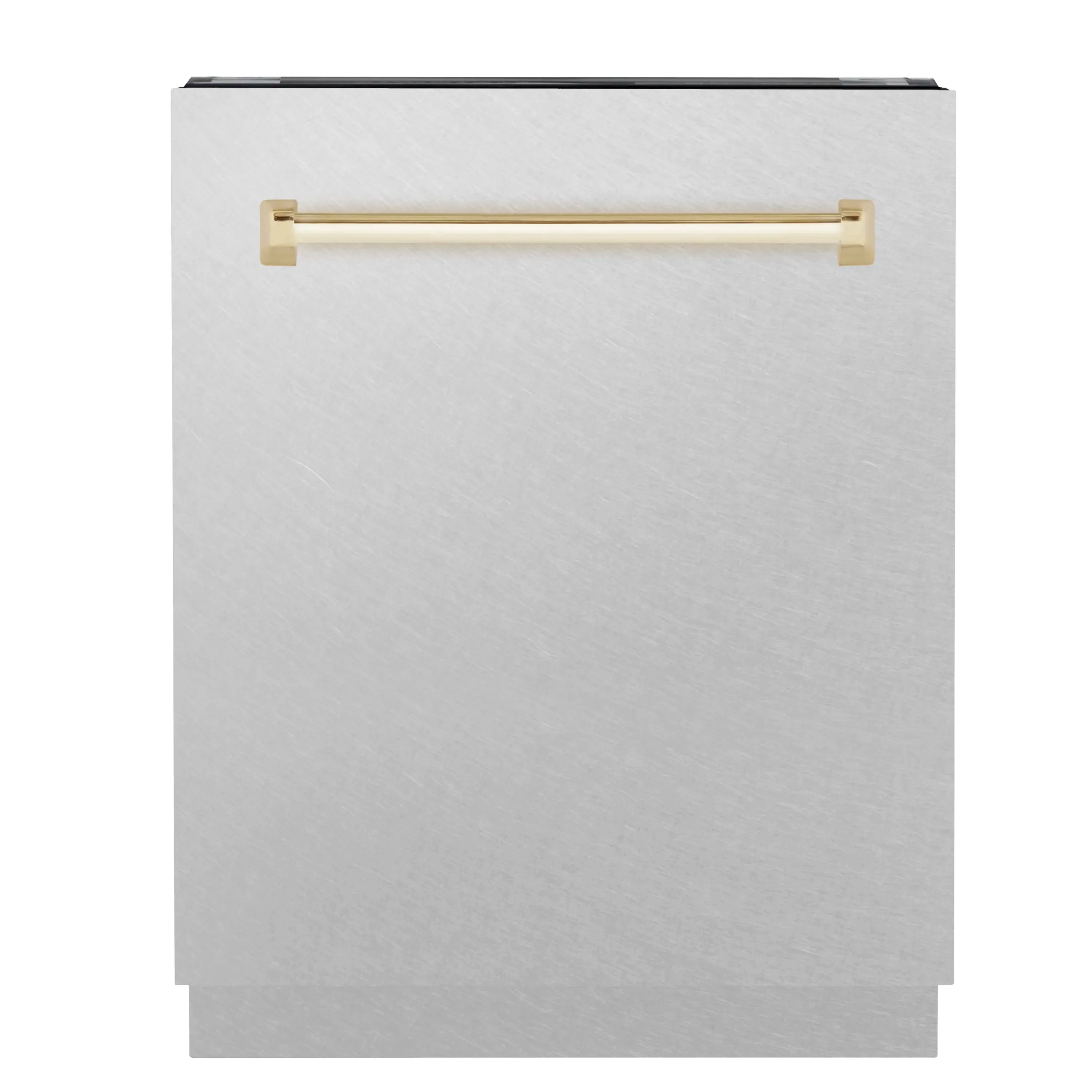 Satin stainless steel dishwasher door with gold handle, front view
