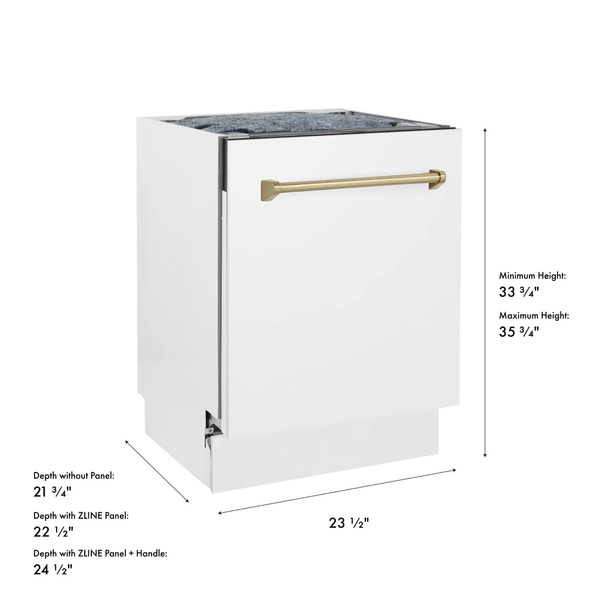 White dishwasher body with champagne bronze handle and height-depth measurement diagram