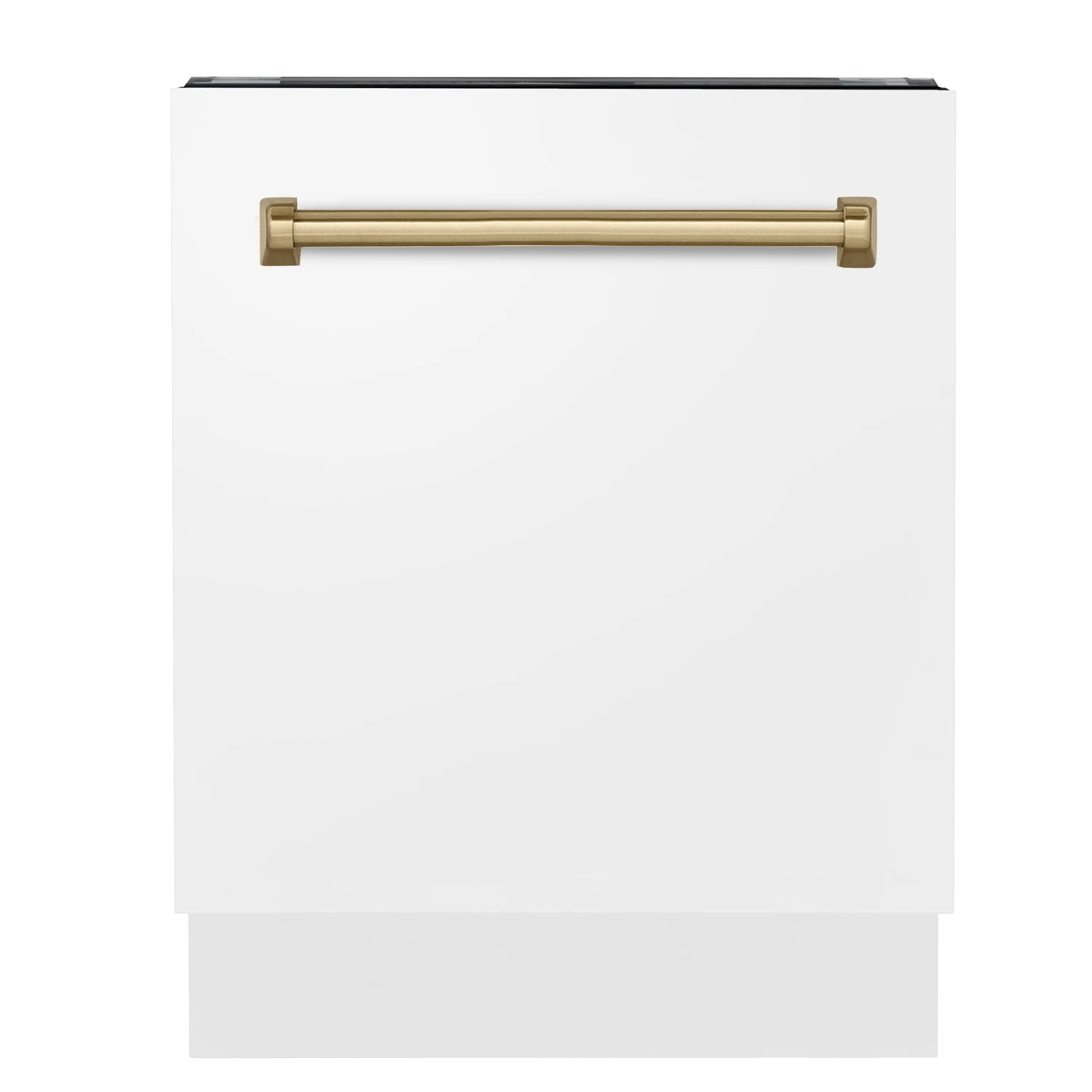 White dishwasher door front with champagne bronze bar handle