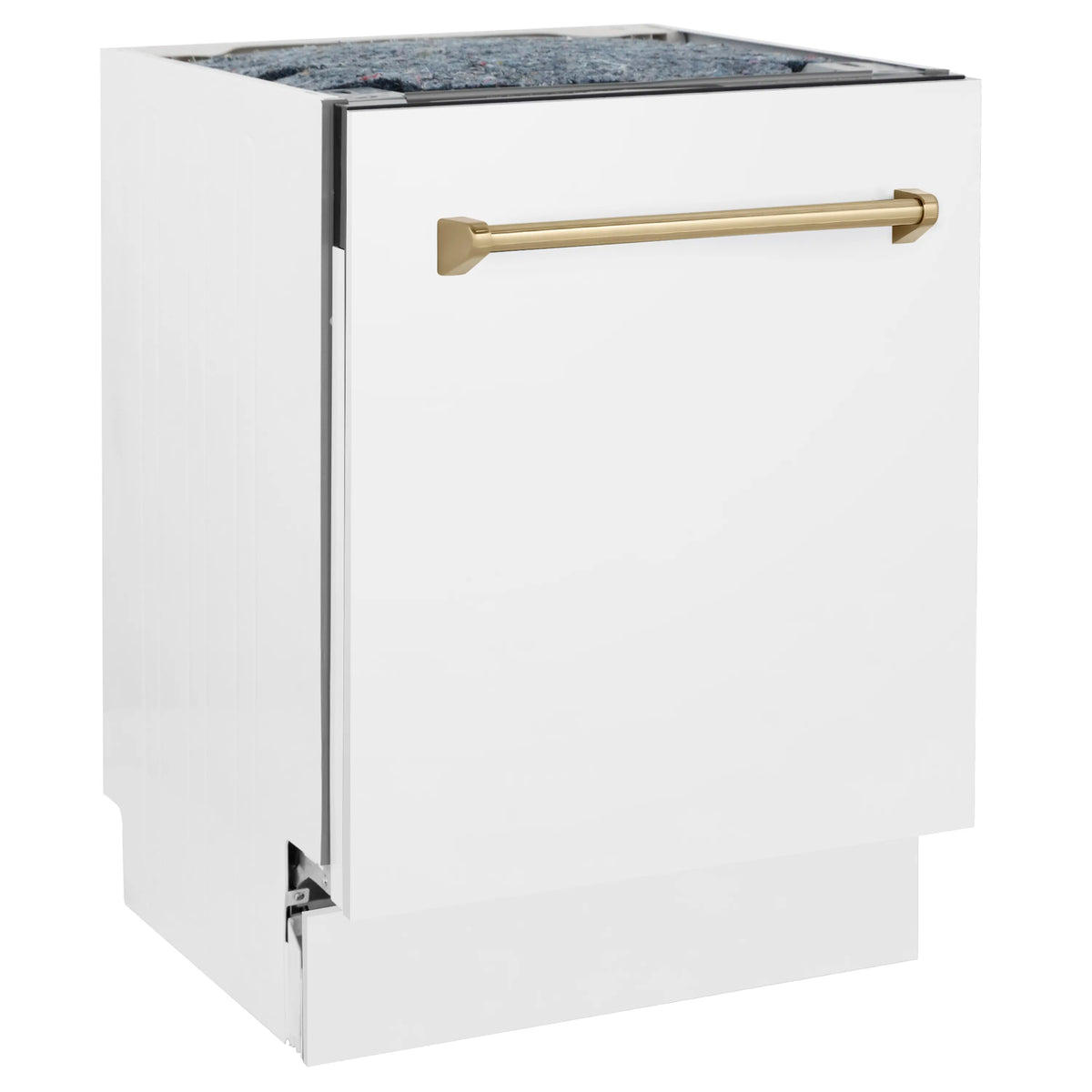 White matte tall tub dishwasher with champagne bronze handle on front