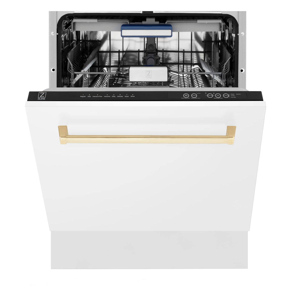 Dishwasher with open door showing interior racks and top control bar