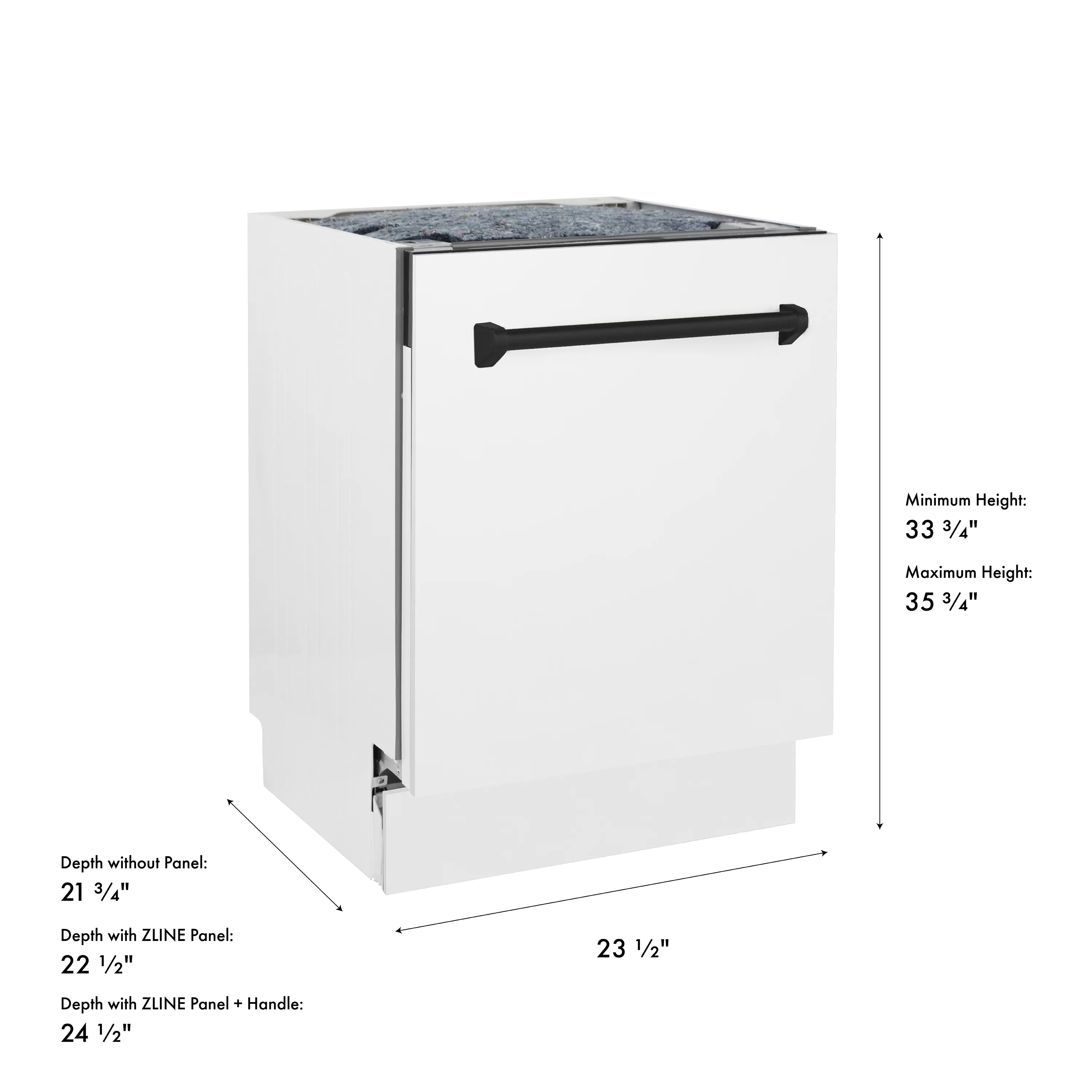 White matte dishwasher dimensions view with matte black handle