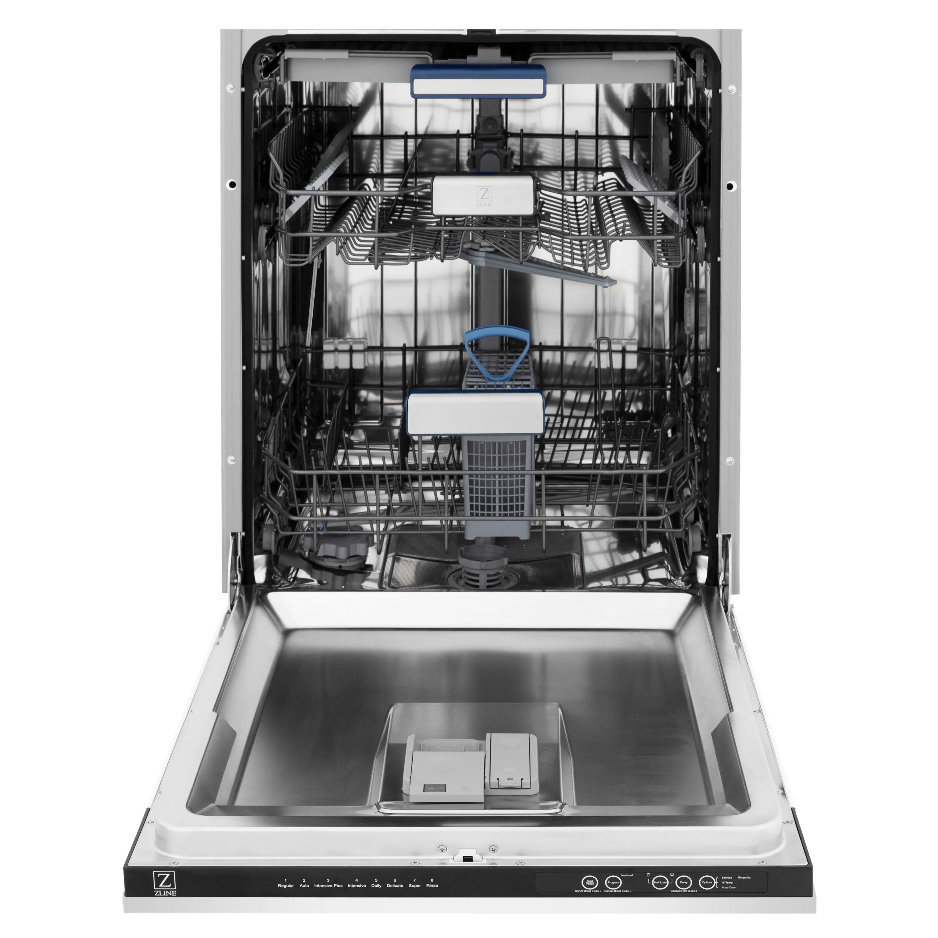 Tall tub dishwasher fully open with racks inside and stainless interior tub
