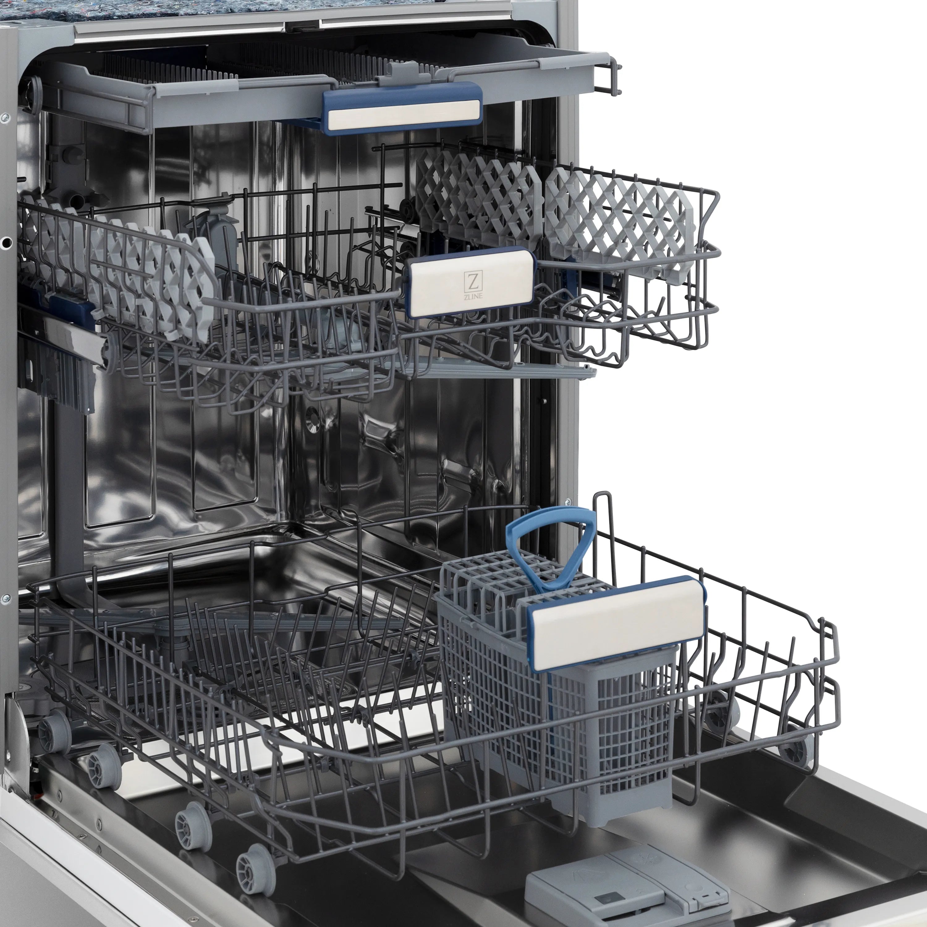 Dishwasher interior view with multiple racks and blue-labeled baskets