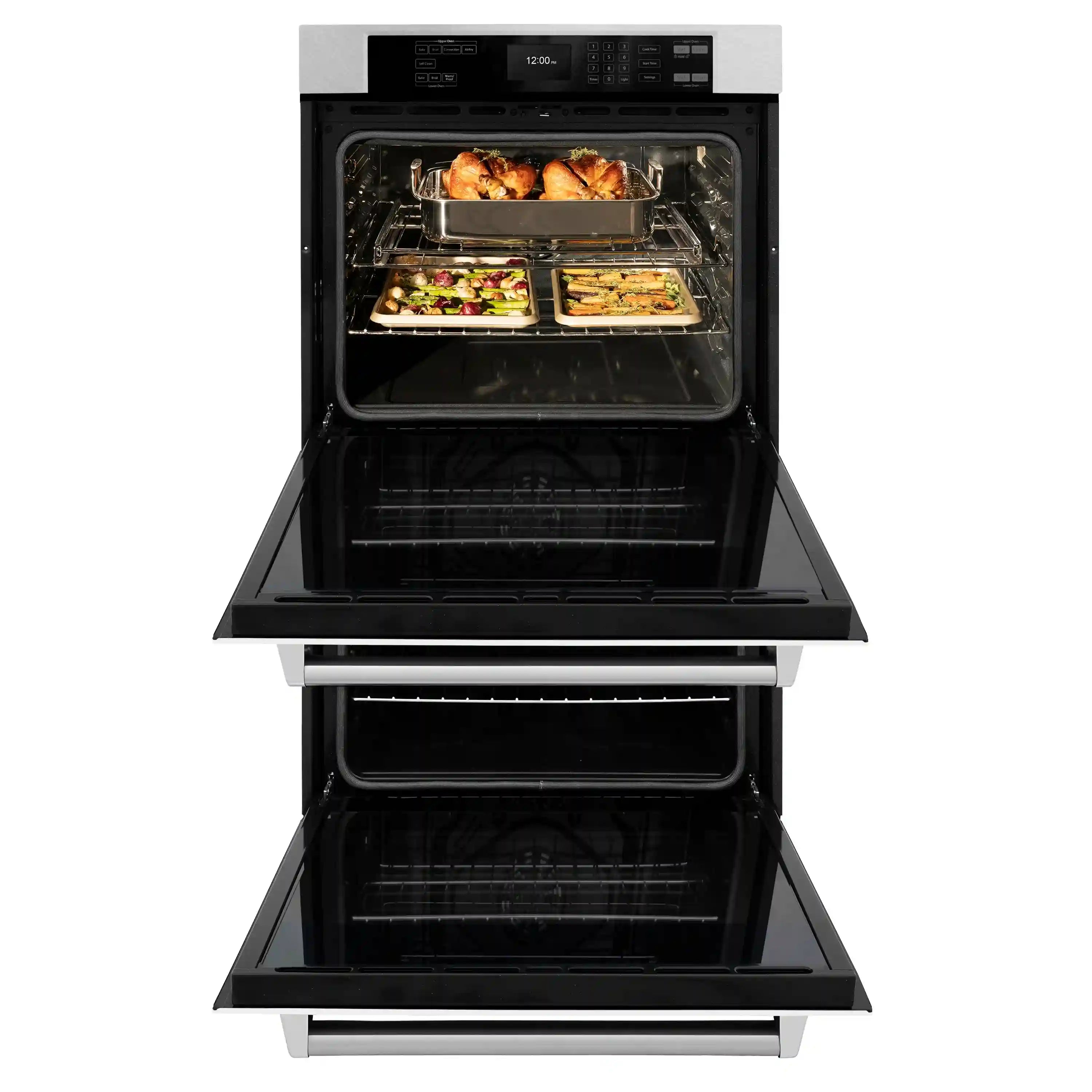 Open double wall oven with roasted food on racks in upper chamber