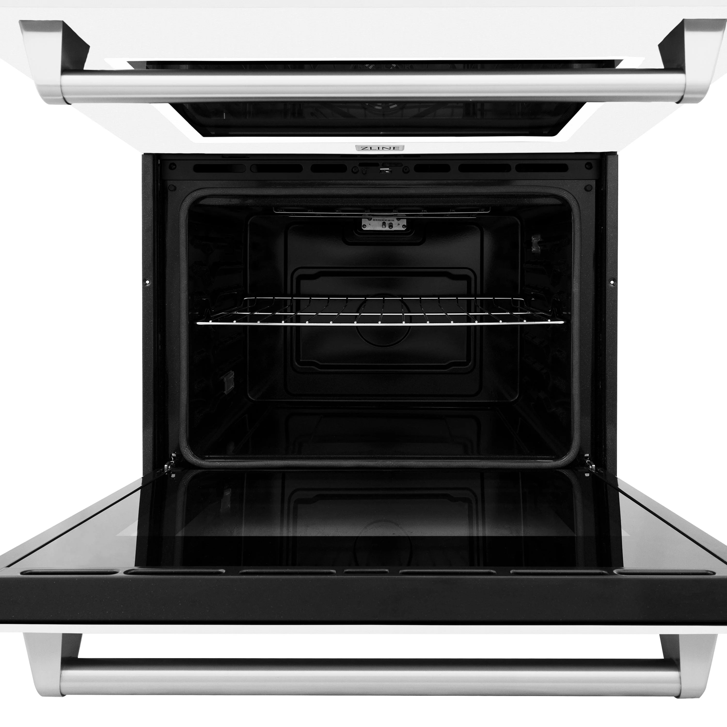 Open stainless steel oven cavity with wire racks and empty baking trays