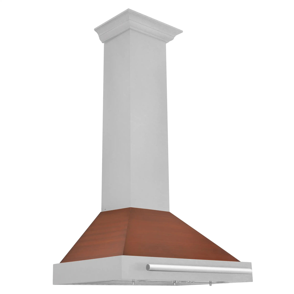 Wall-mounted range hood with white chimney and copper underside, stainless exterior