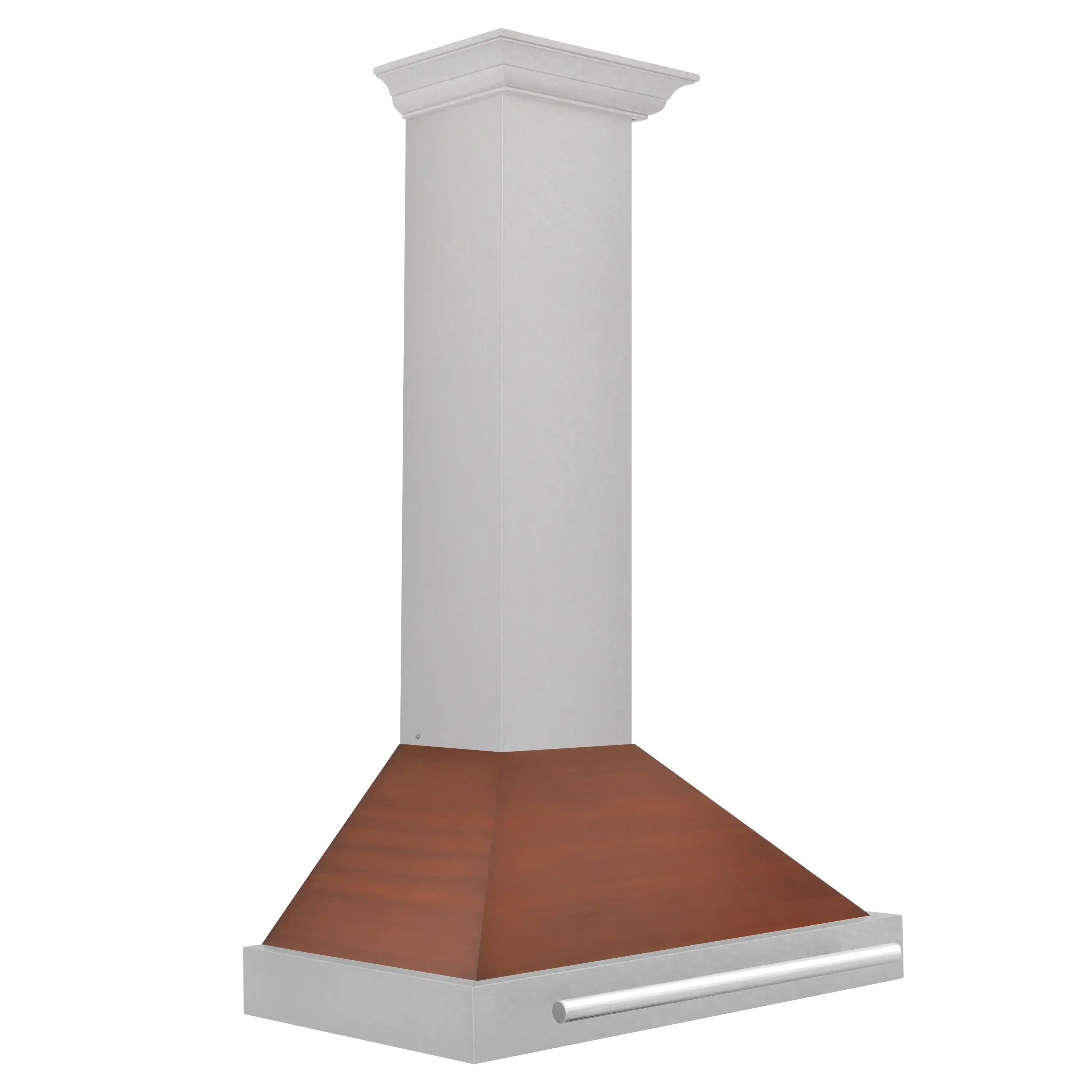 Convertible range hood with white chimney, copper vent panel, stainless front trim