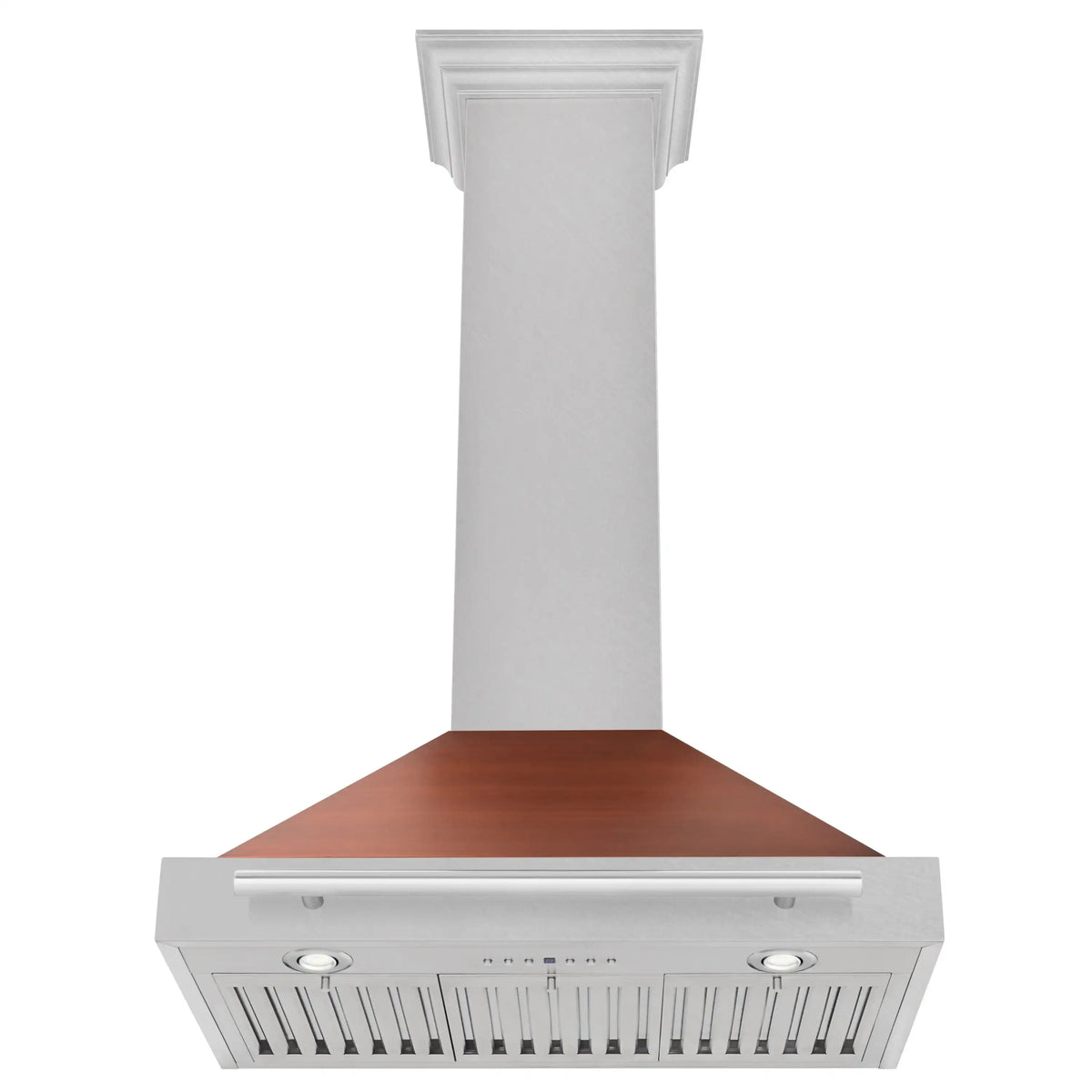 Wall range hood with white chimney, copper baffle, stainless vent with knob controls