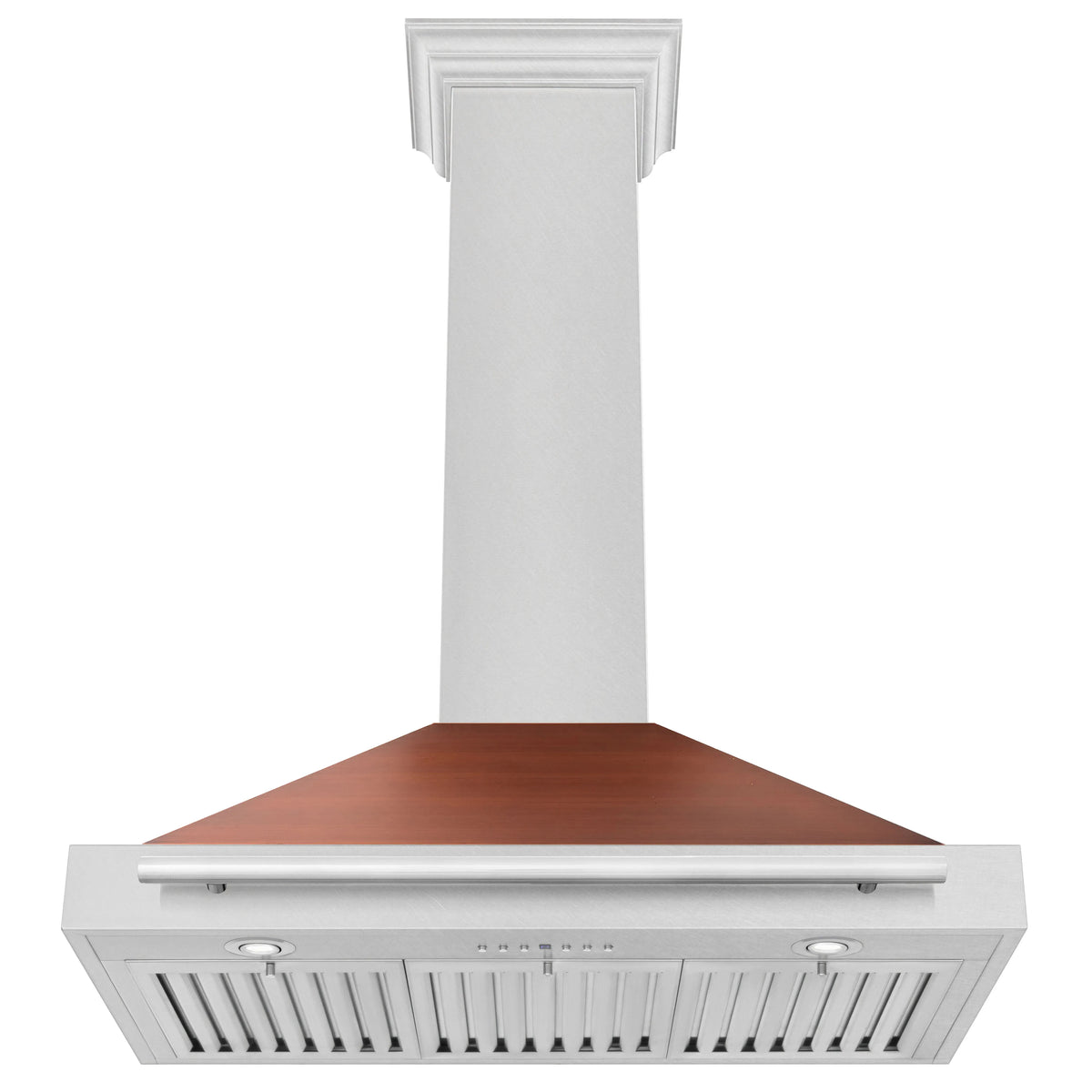 Convertible range hood with white chimney column, copper filter panel, and vent grille