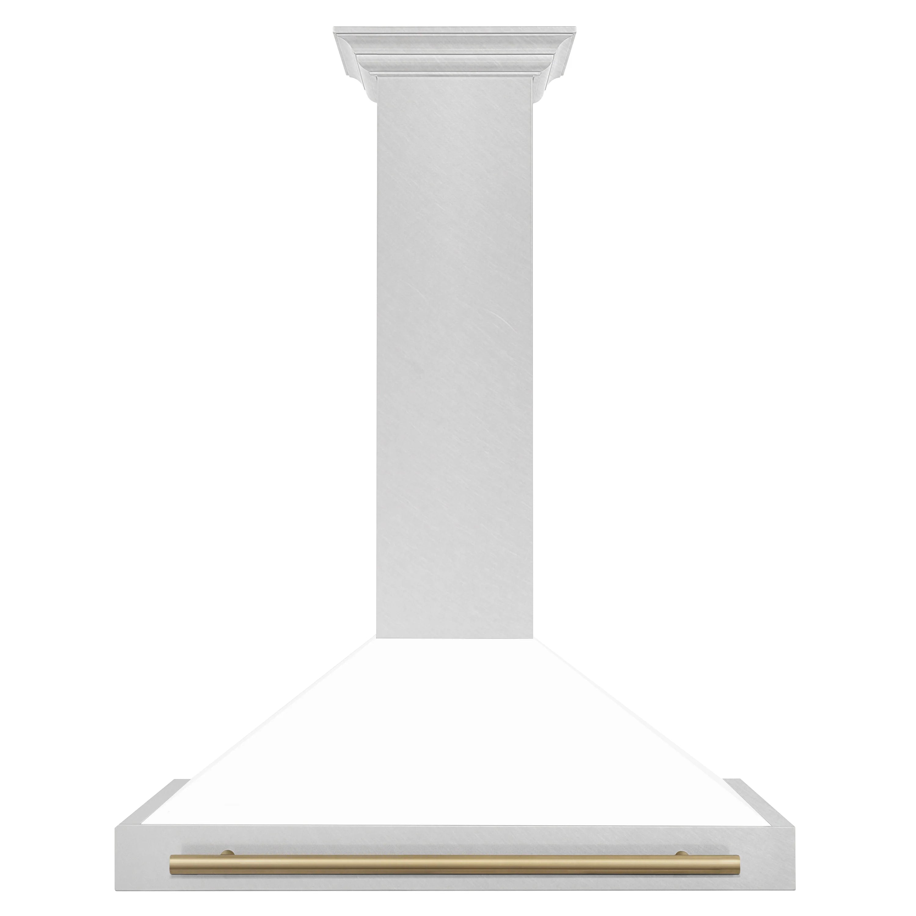 White wall-mounted range hood with satin stainless chimney and champagne bronze bar handle