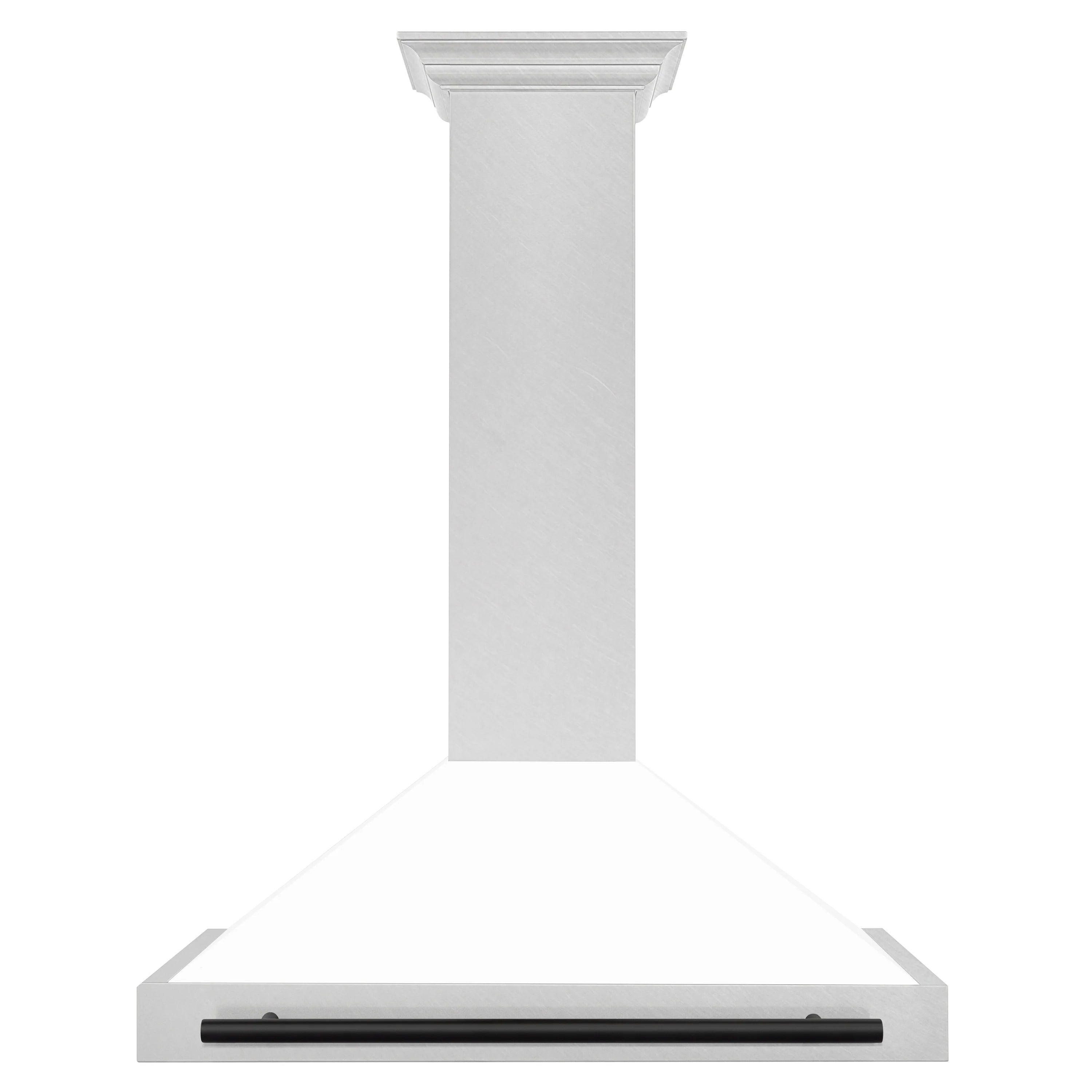 Wall-mounted range hood chimney in white matte with satin stainless canopy and black bar