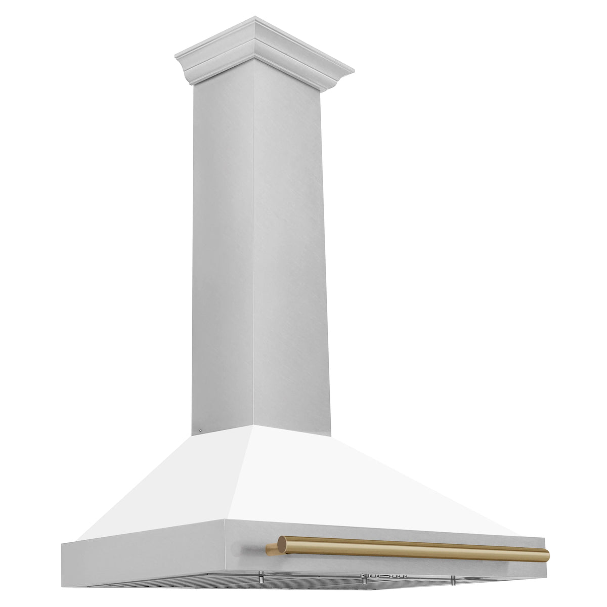 Wall-mounted range hood with white chimney, stainless canopy, and champagne bronze bar handle