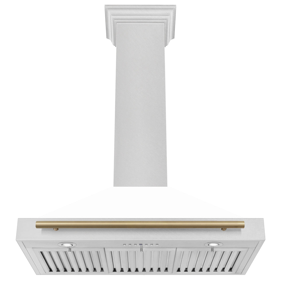 White wall-mounted range hood with satin stainless front panel and champagne bronze bar handle