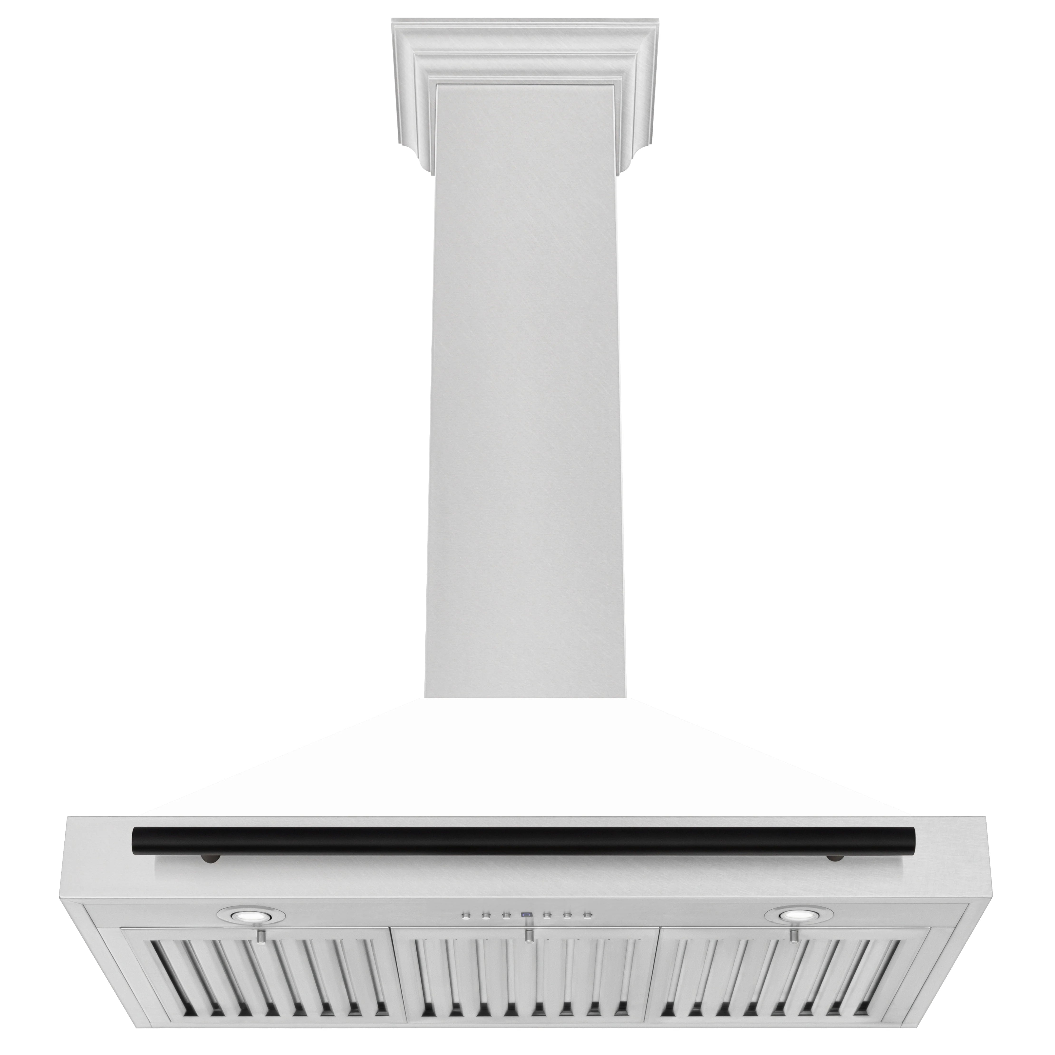Range hood with white chimney and stainless canopy, black bar over vent grille