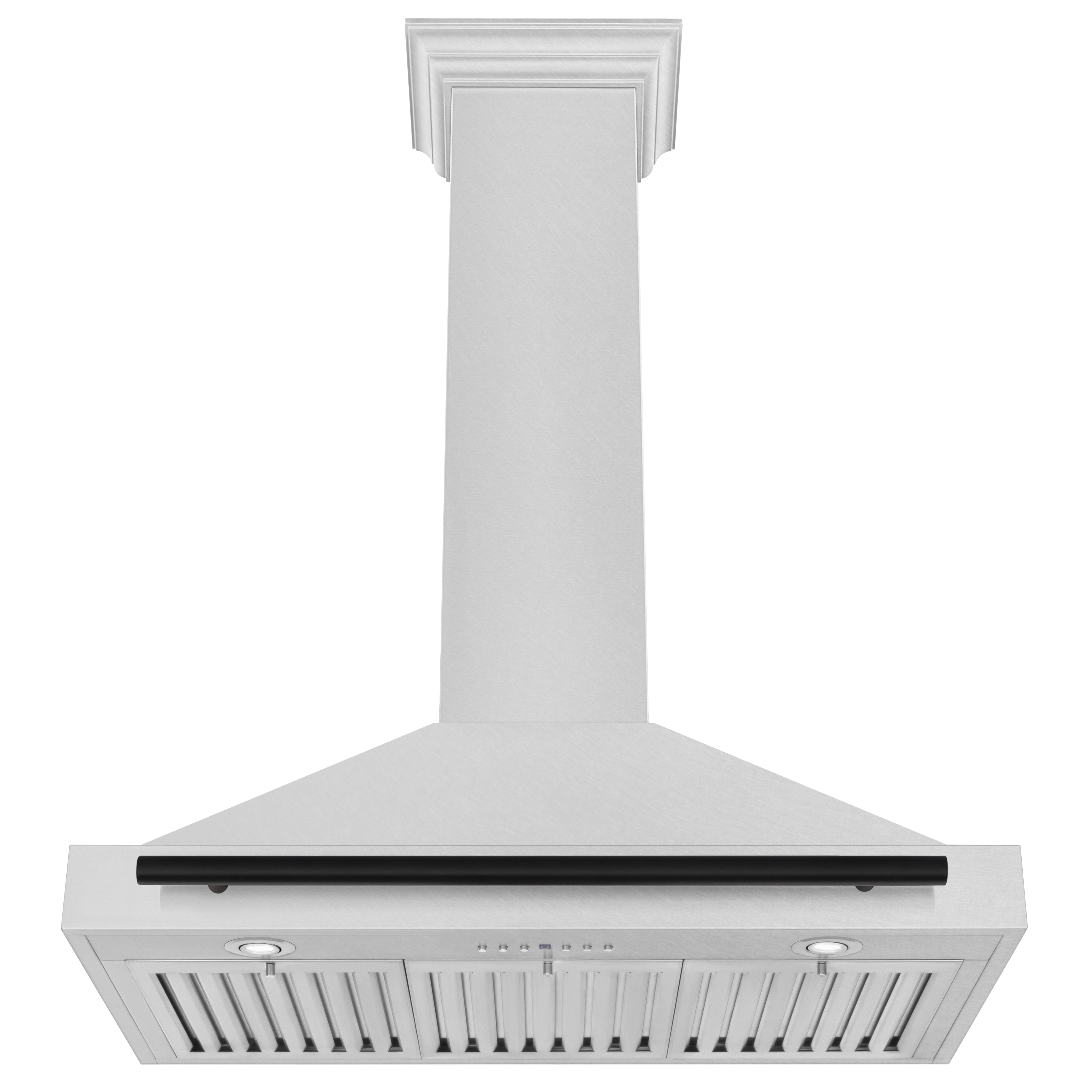 White wall-mount range hood with black bar, slatted vent panel, and control knobs