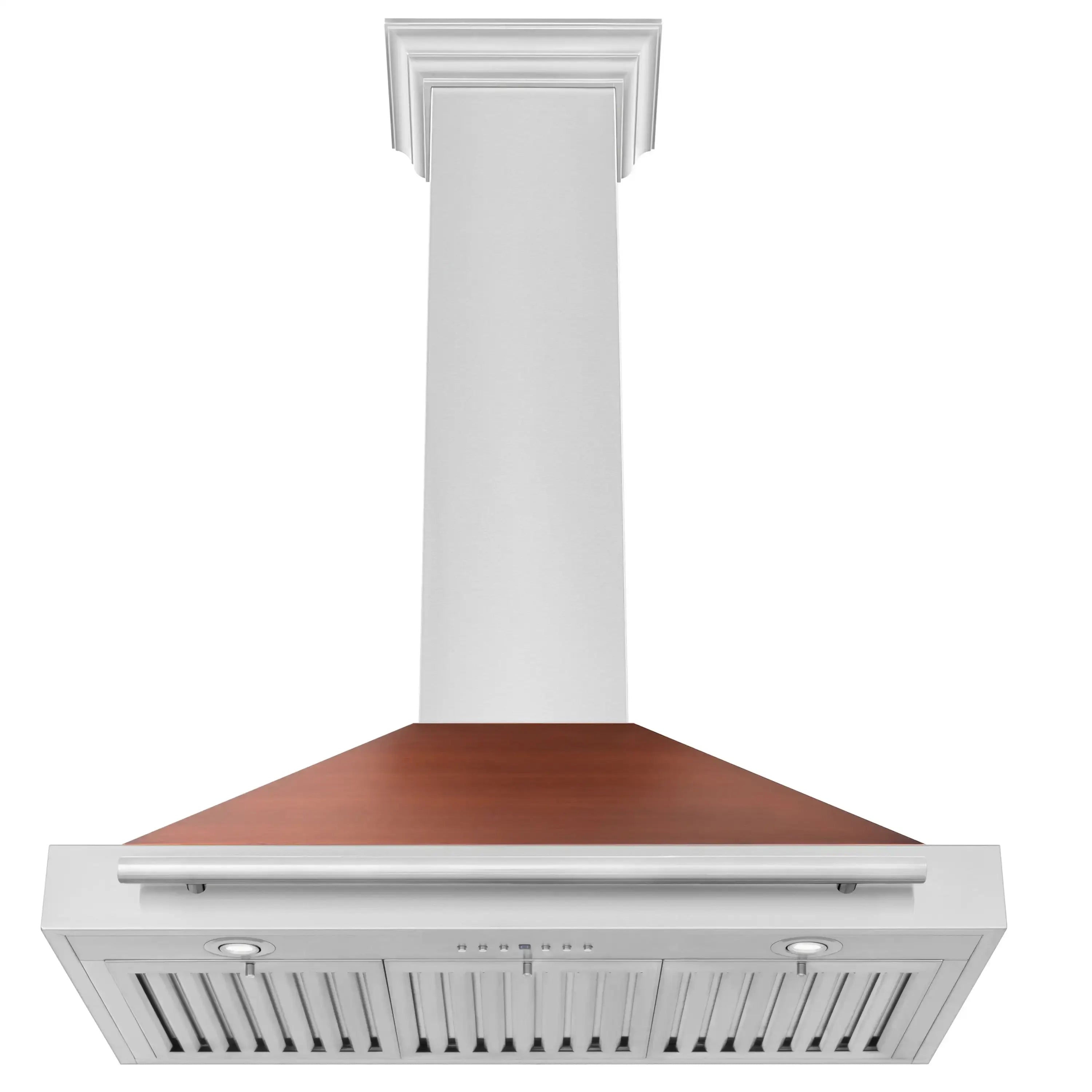 Convertible range hood with white chimney and copper-toned underside, vented front