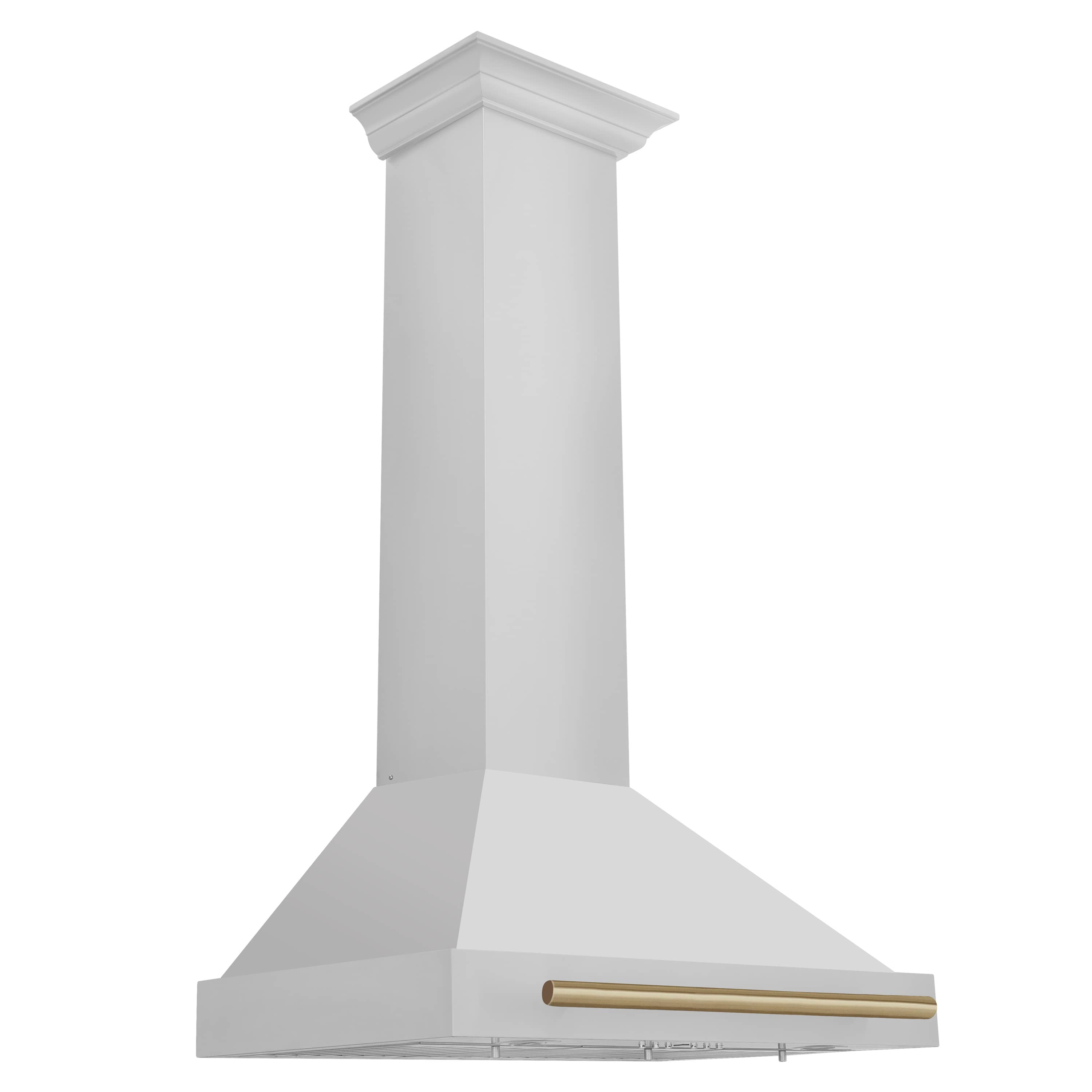 Chimney-style range hood with gold-accent vent bar on white finish