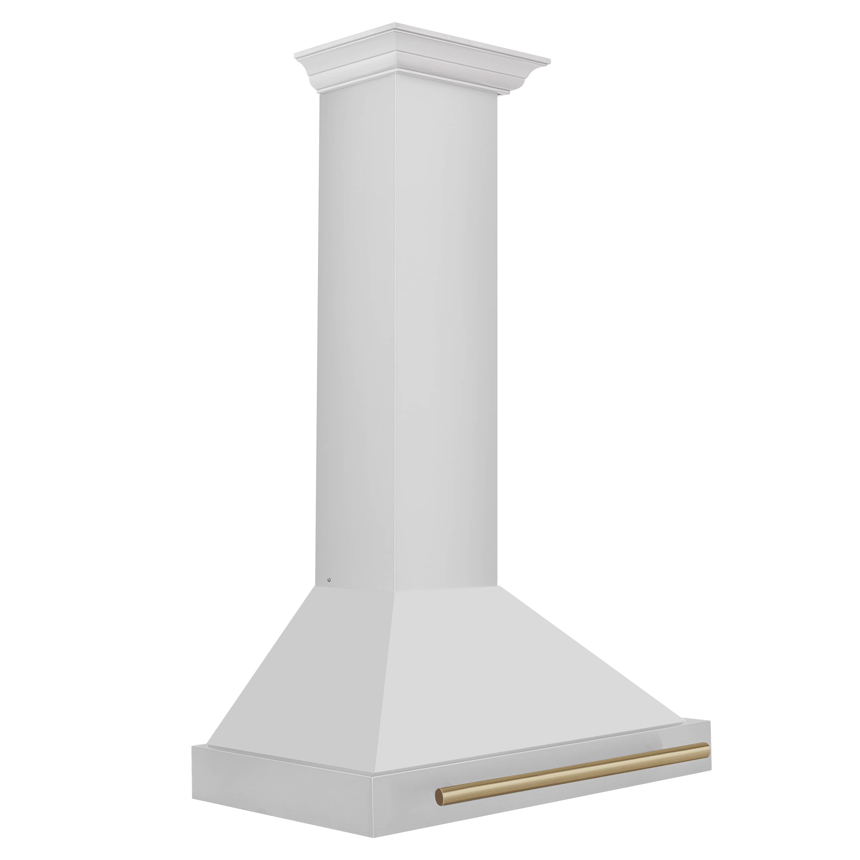 Wall-mount range hood with white chimney and champagne bronze front vent bar