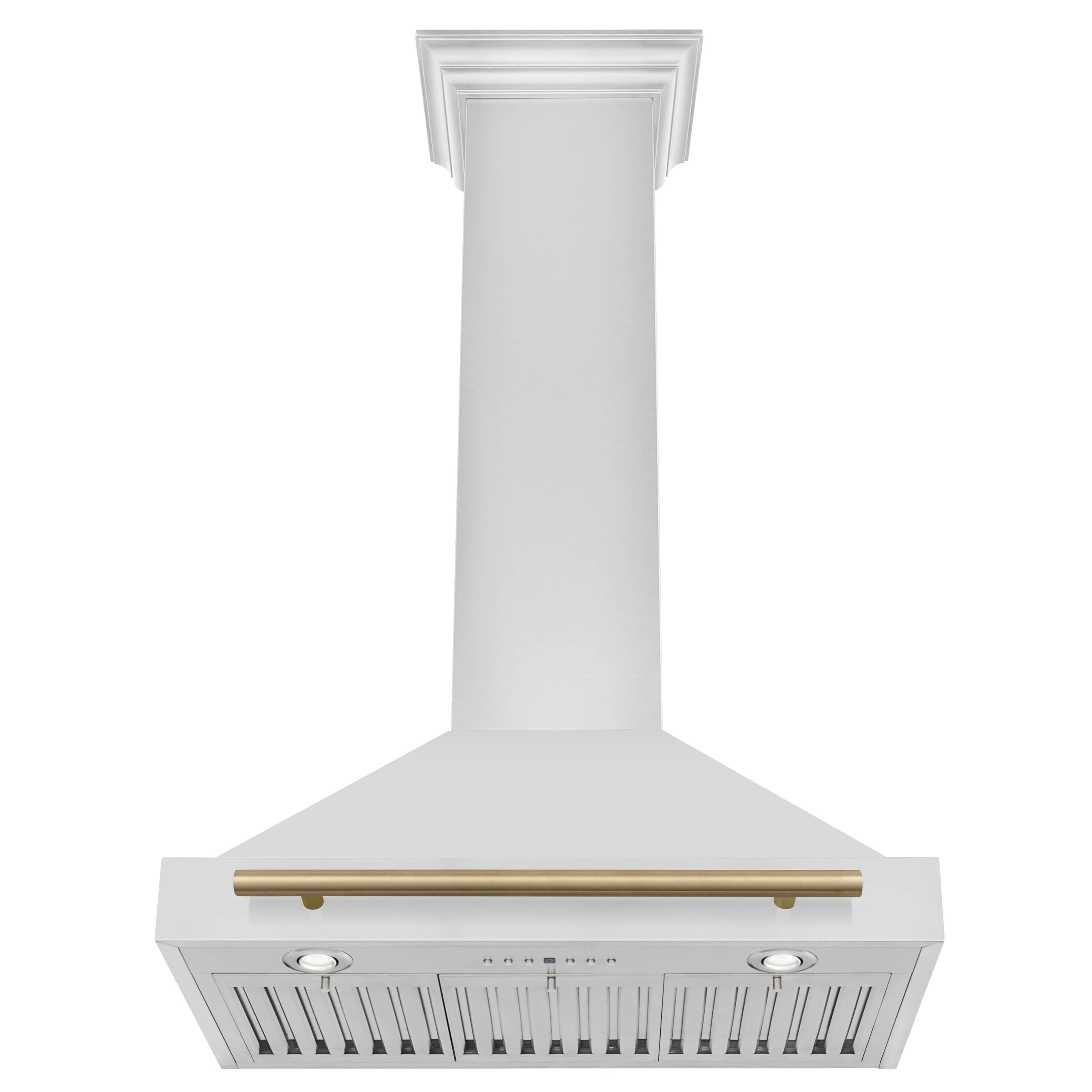 White wall-mount range hood with champagne bronze accents and vent grille