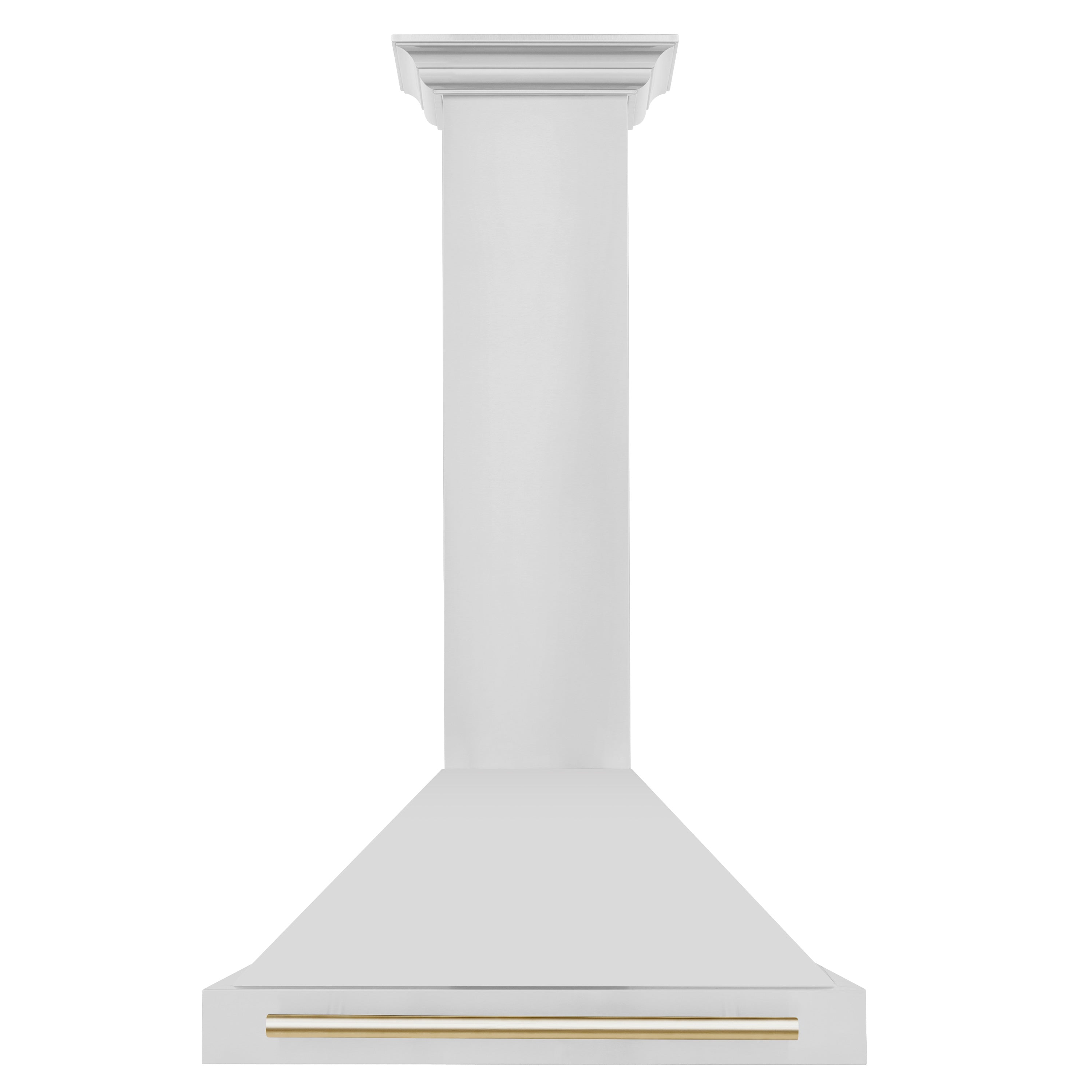 White wall range hood with gold accent vent ledge and tall chimney body
