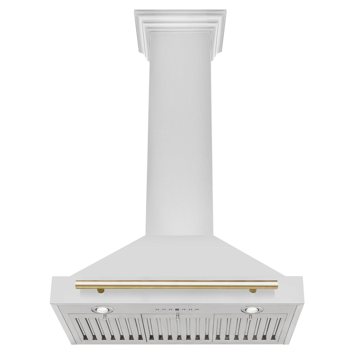 White chimney range hood with gold-accent controls and front vent strip.