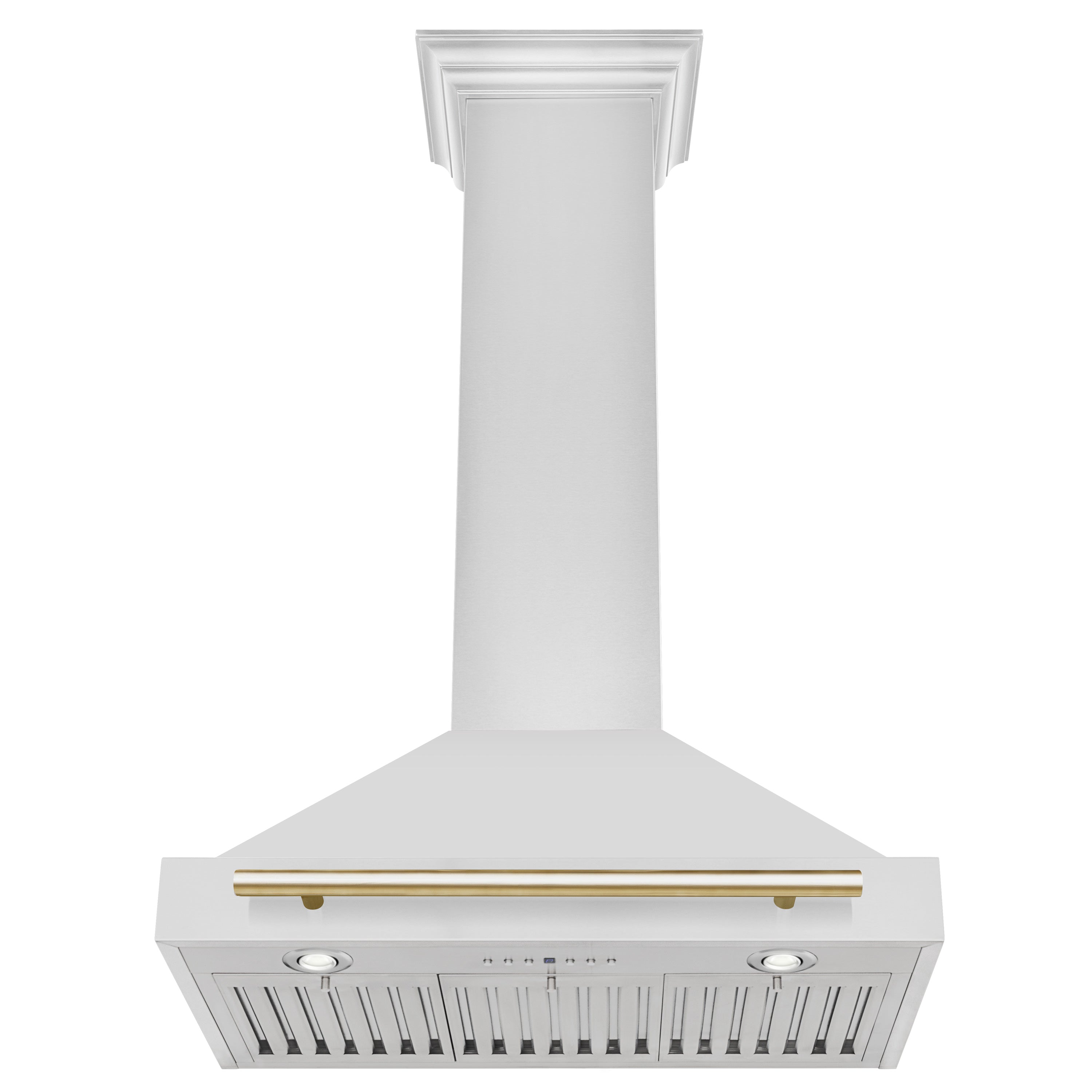 White wall-mount range hood with gold trim bar and front vent controls
