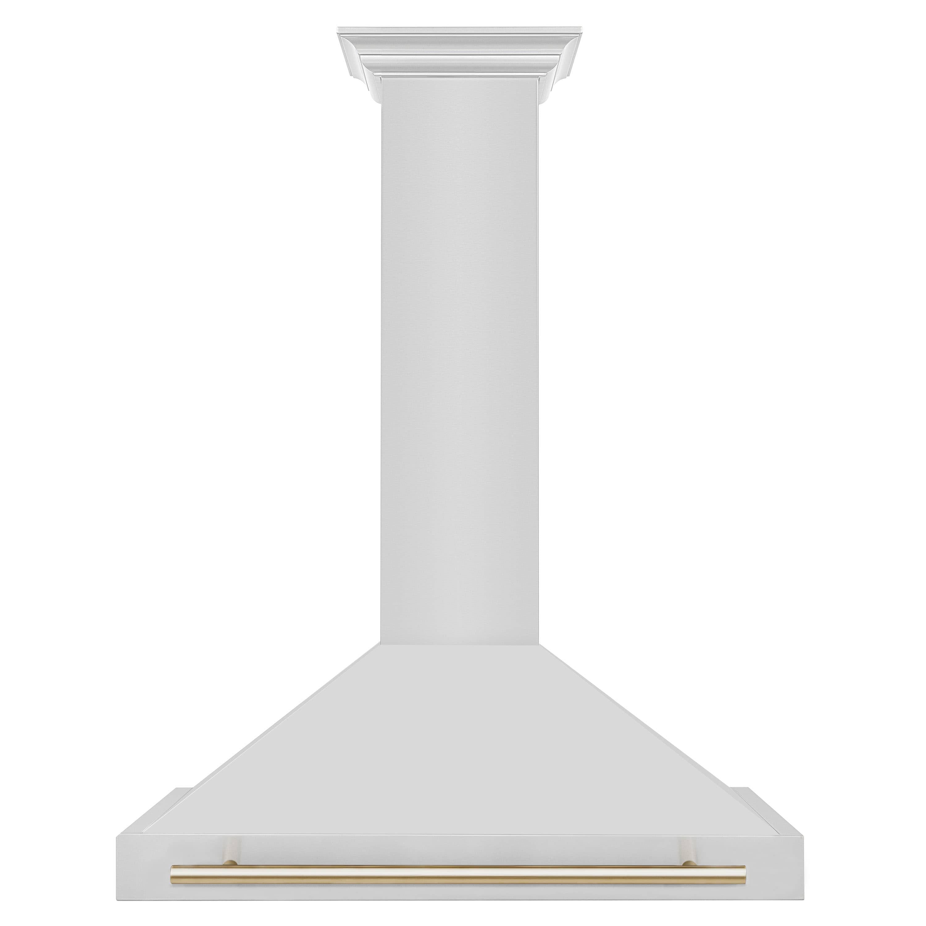 Wall-mount range hood underside with gold trim bar across the front