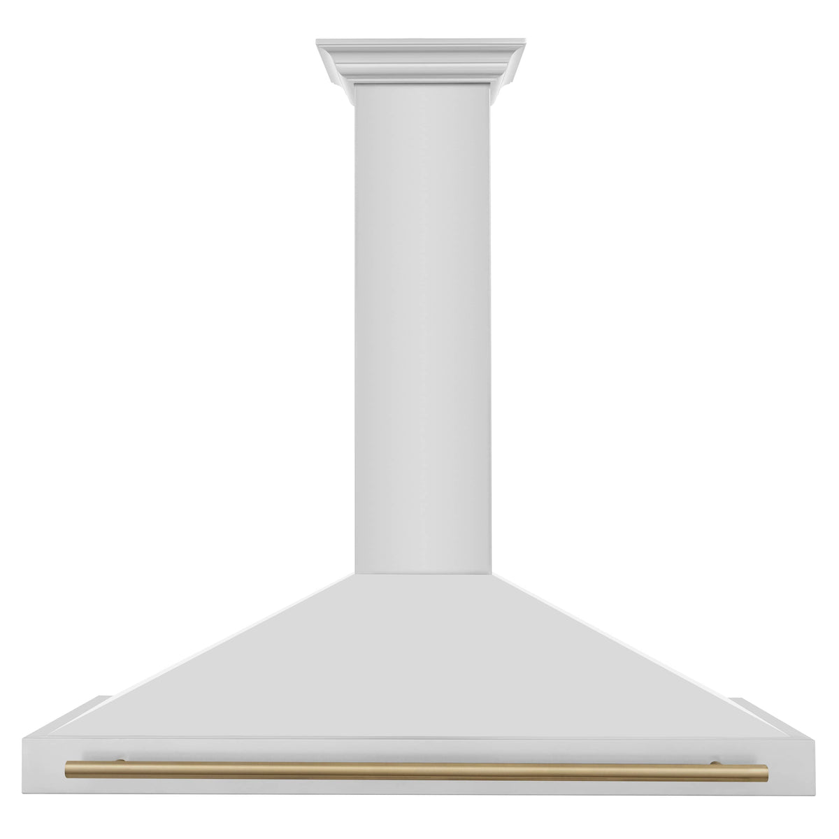 White wall range hood with champagne-bronze bottom trim bar