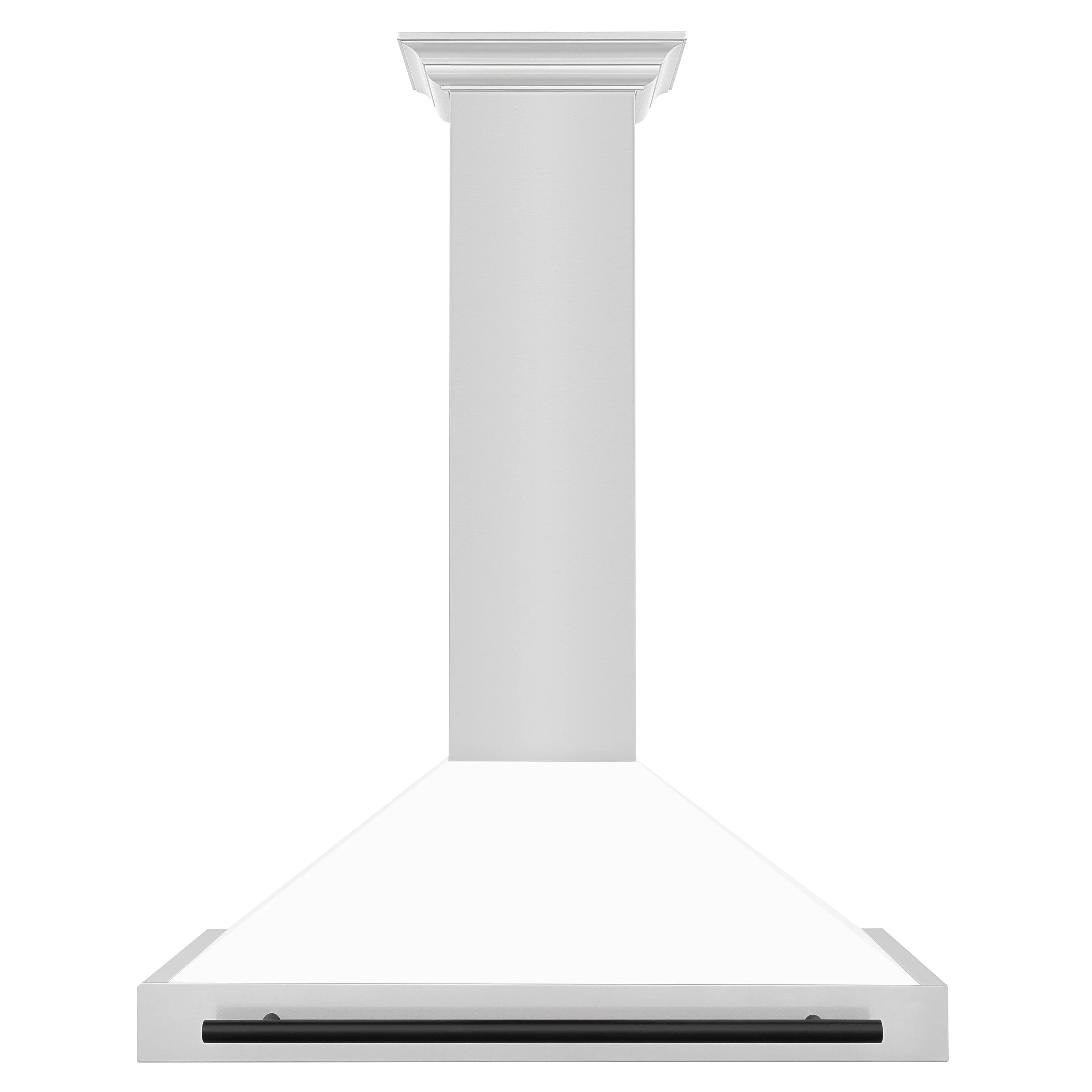Wall-mounted range hood chimney and canopy in white matte with black underside strip
