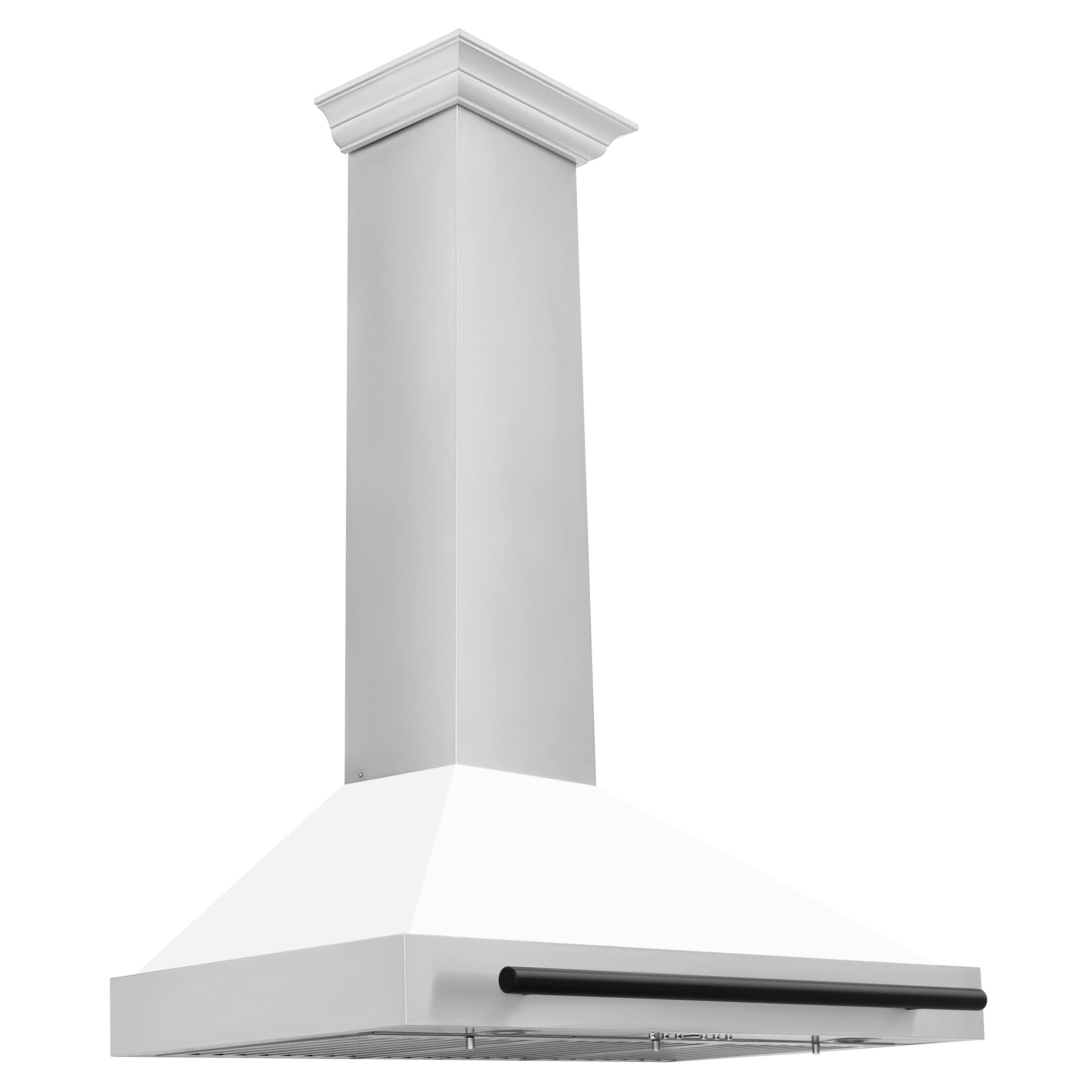 White matte wall chimney hood with black perimeter vent bar and stainless underpanel