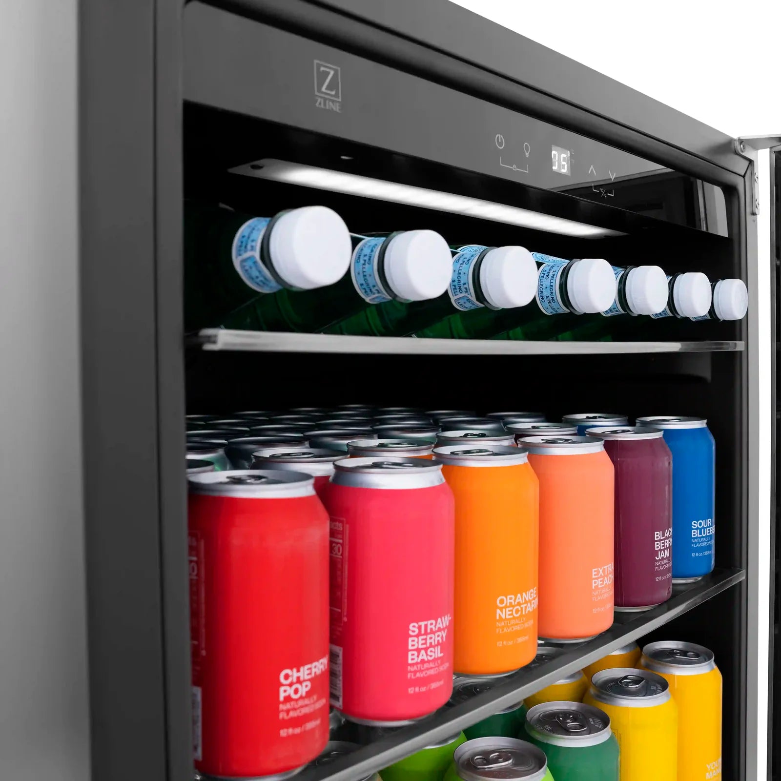 Open wine cooler with glass door, interior shelves holding colorful beverage cans