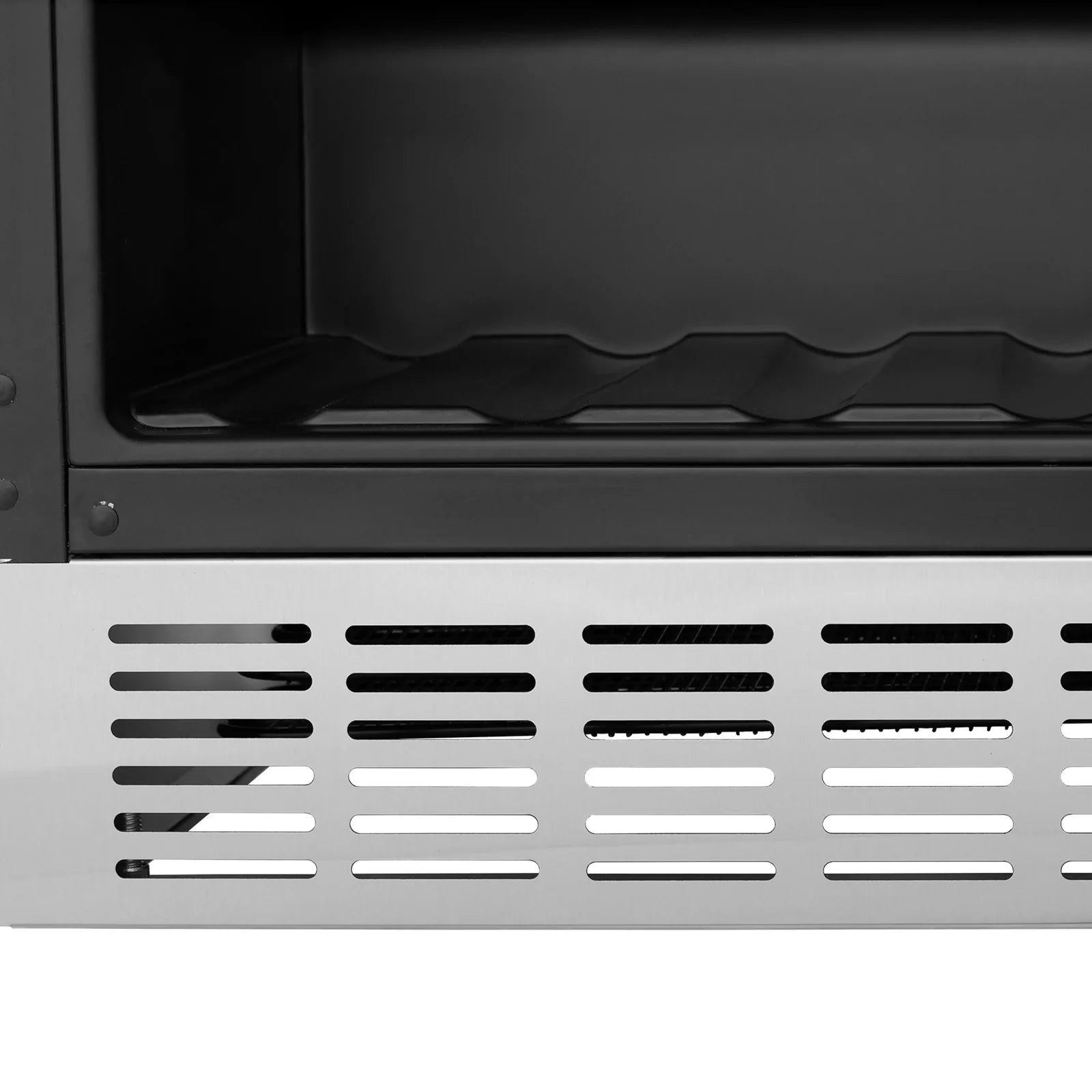 Metal bottom ventilation grille with curved air vents on wine cooler