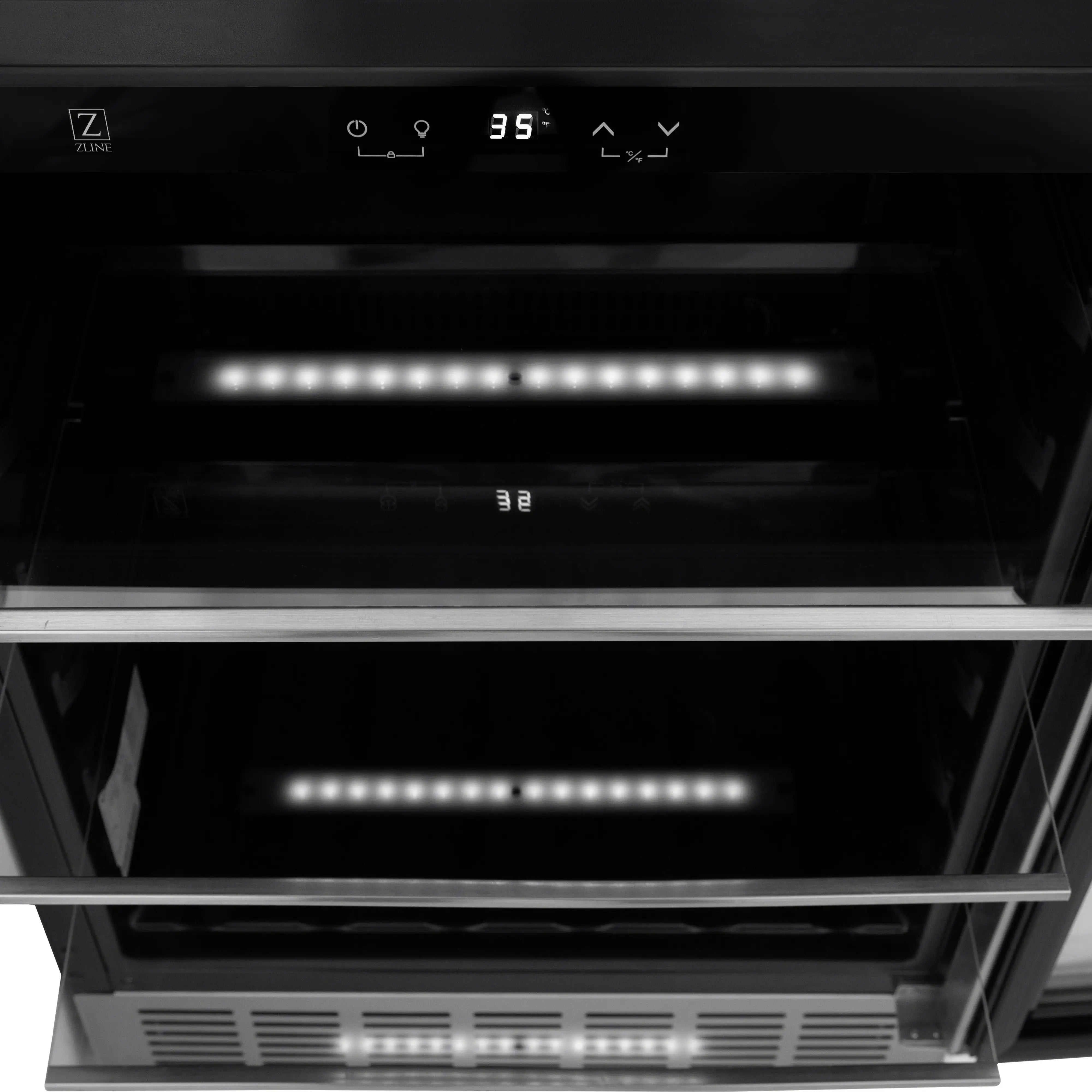 Open stainless beverage fridge door showing interior shelves and bright internal light