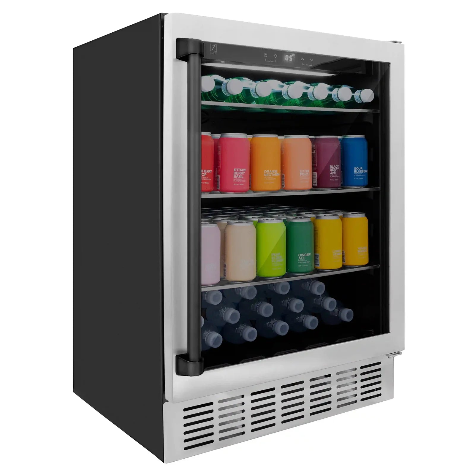 Freestanding beverage cooler with black frame, glass door, and colorful cans inside