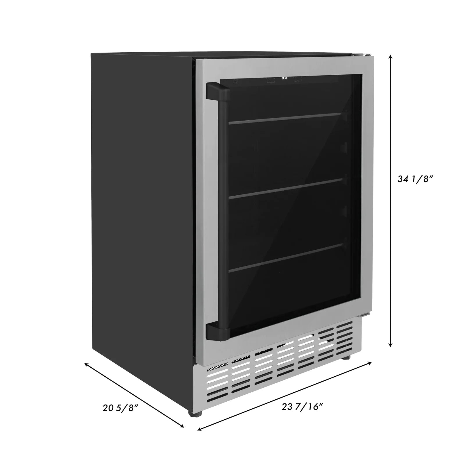 Wine cooler with matte black body, stainless trim, and vented base