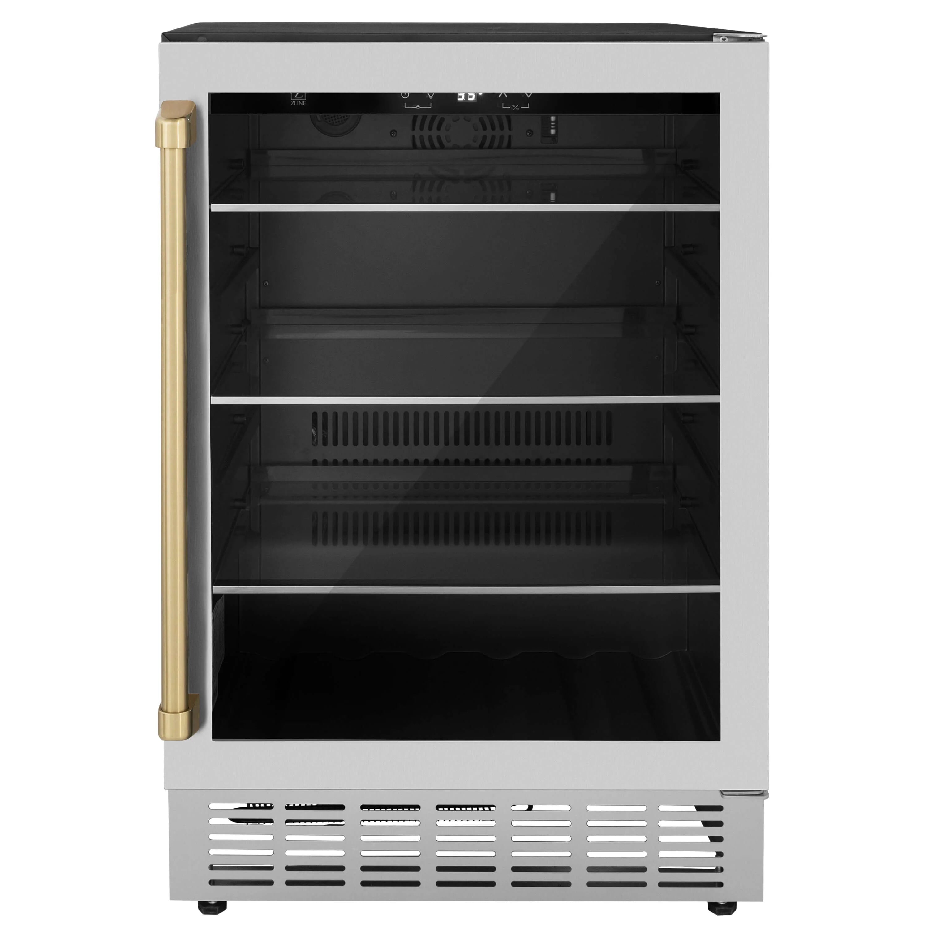 Built-in beverage fridge with open black door and stainless interior shelves