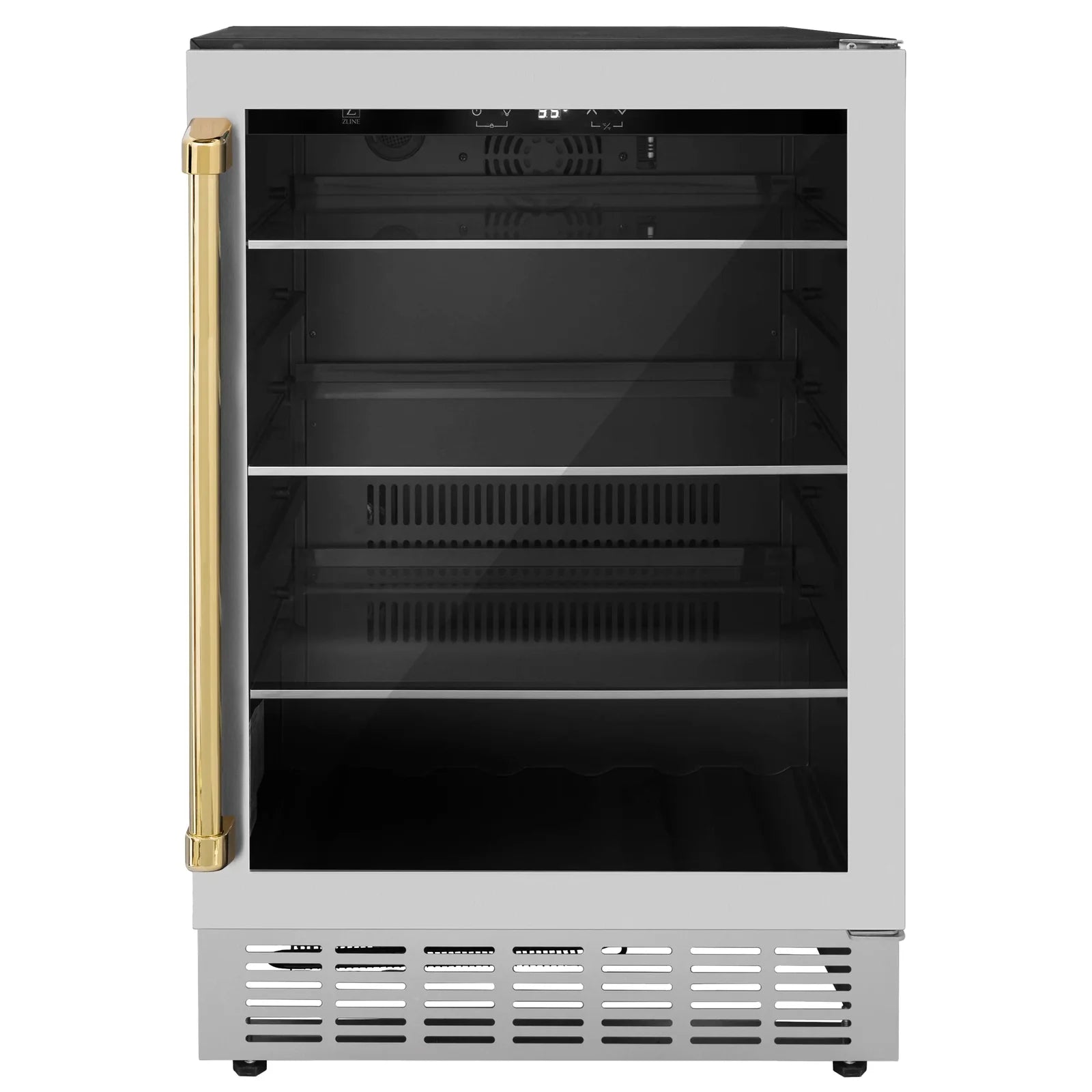 Stainless steel cooler with open black door, gold handle, interior shelves and vents