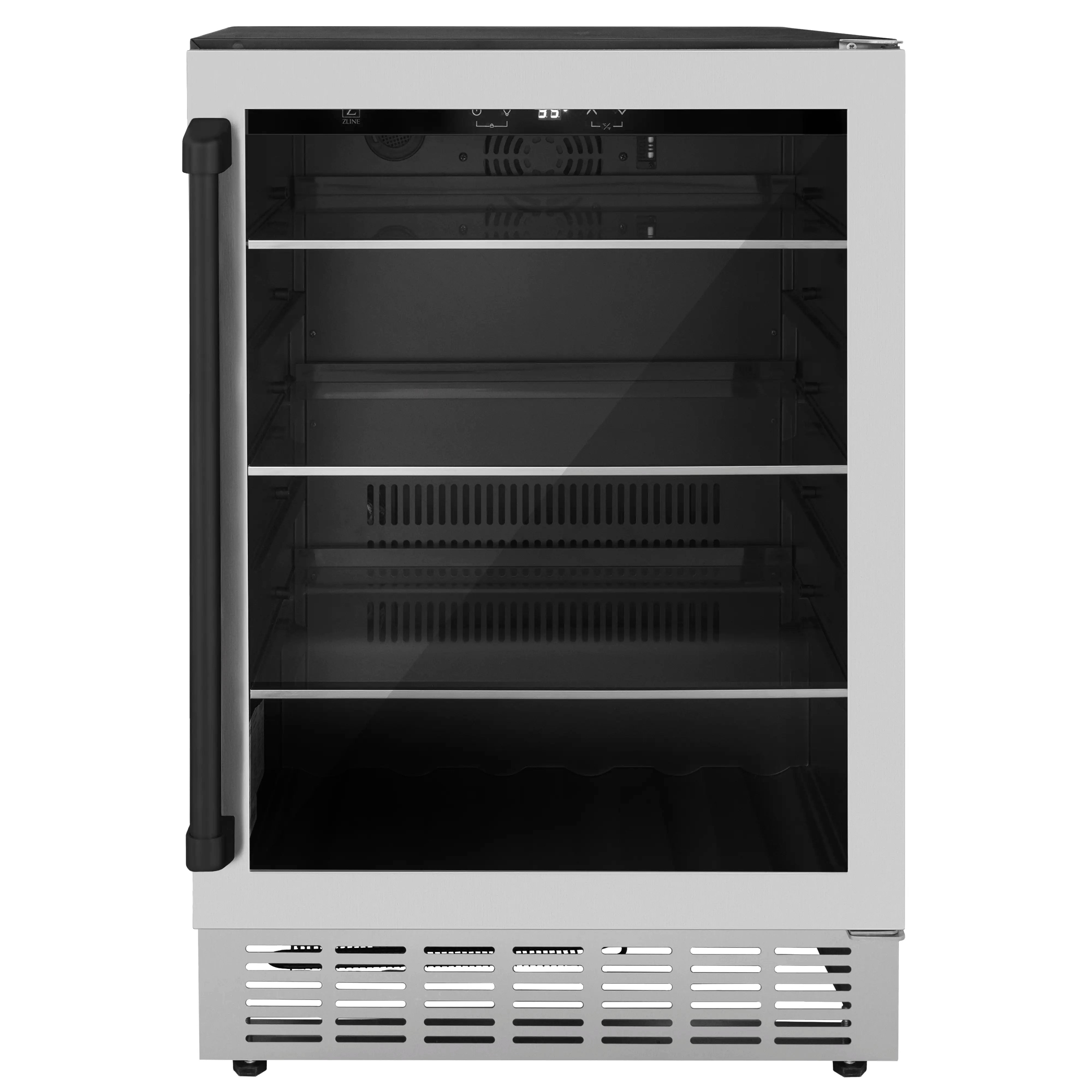 Stainless beverage fridge interior with multiple shelves and bottom cooling vents