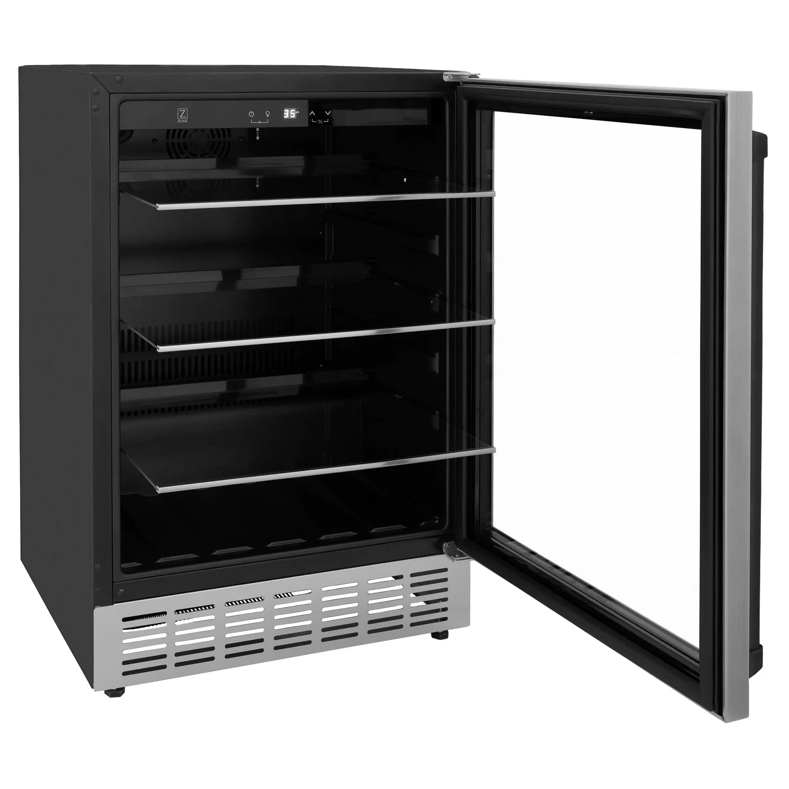 Stainless wine cooler with open black door and interior shelves