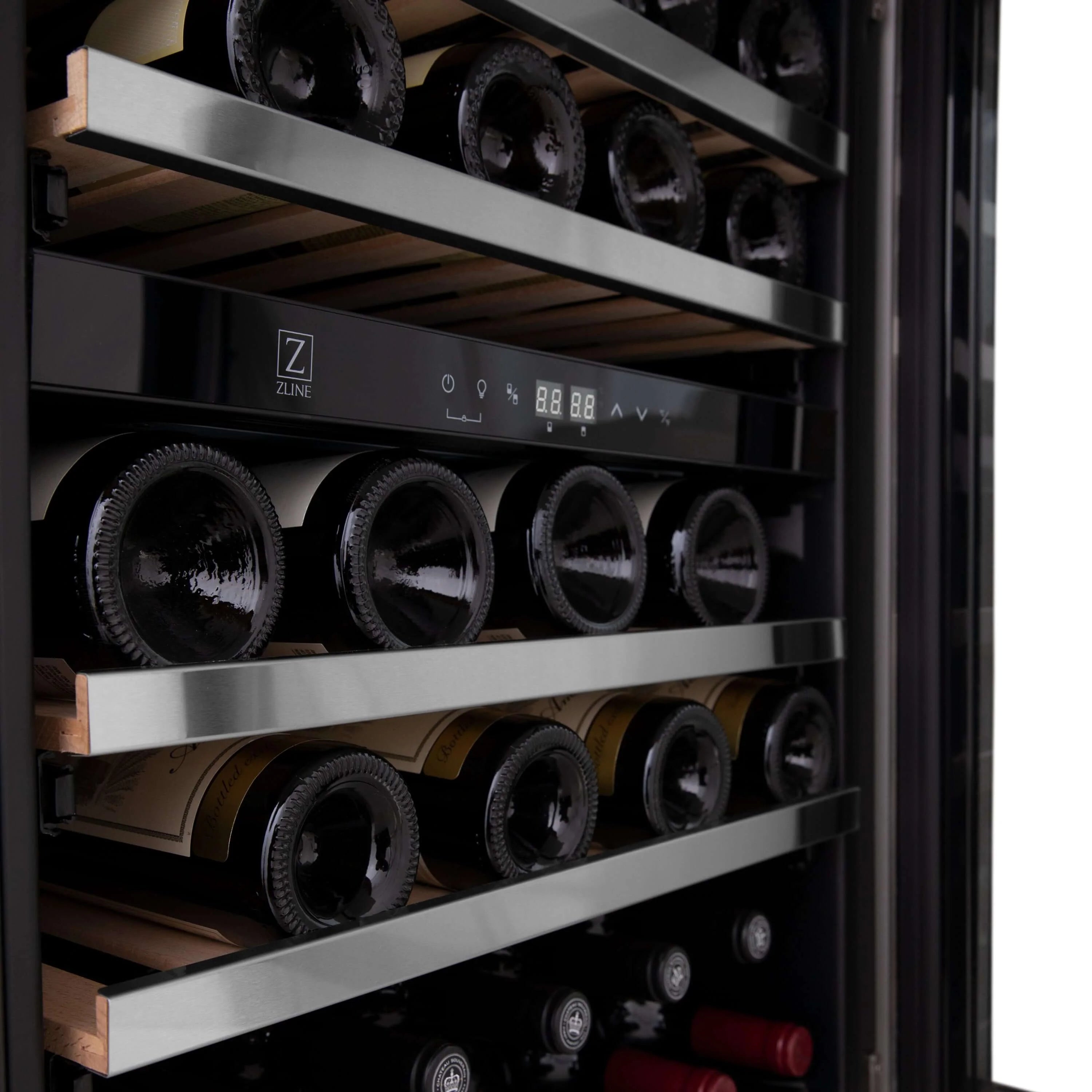 Built-in wine cooler with multiple bottle rows and a front digital control display