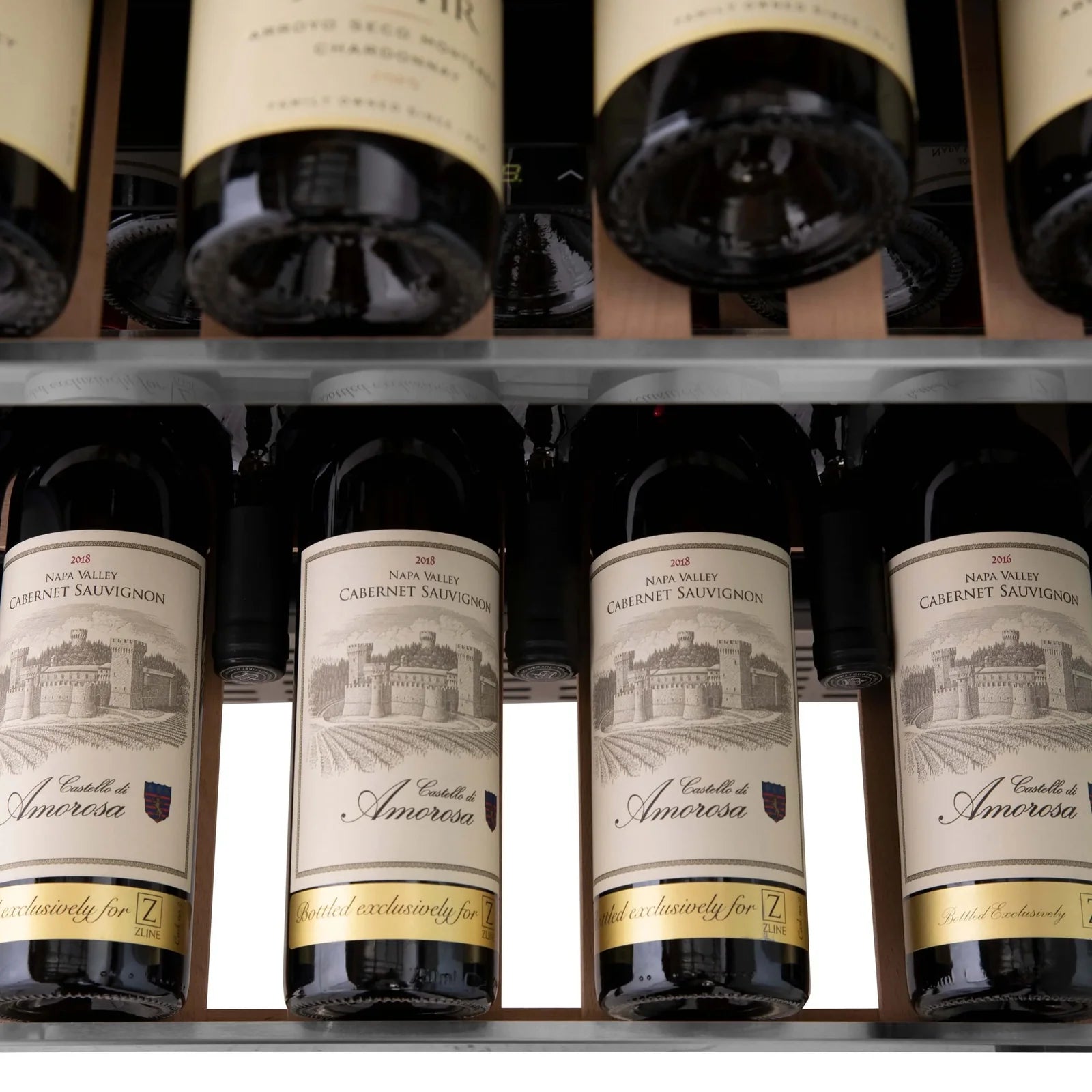 Wine cooler interior with Cabernet Sauvignon bottles on wire racks