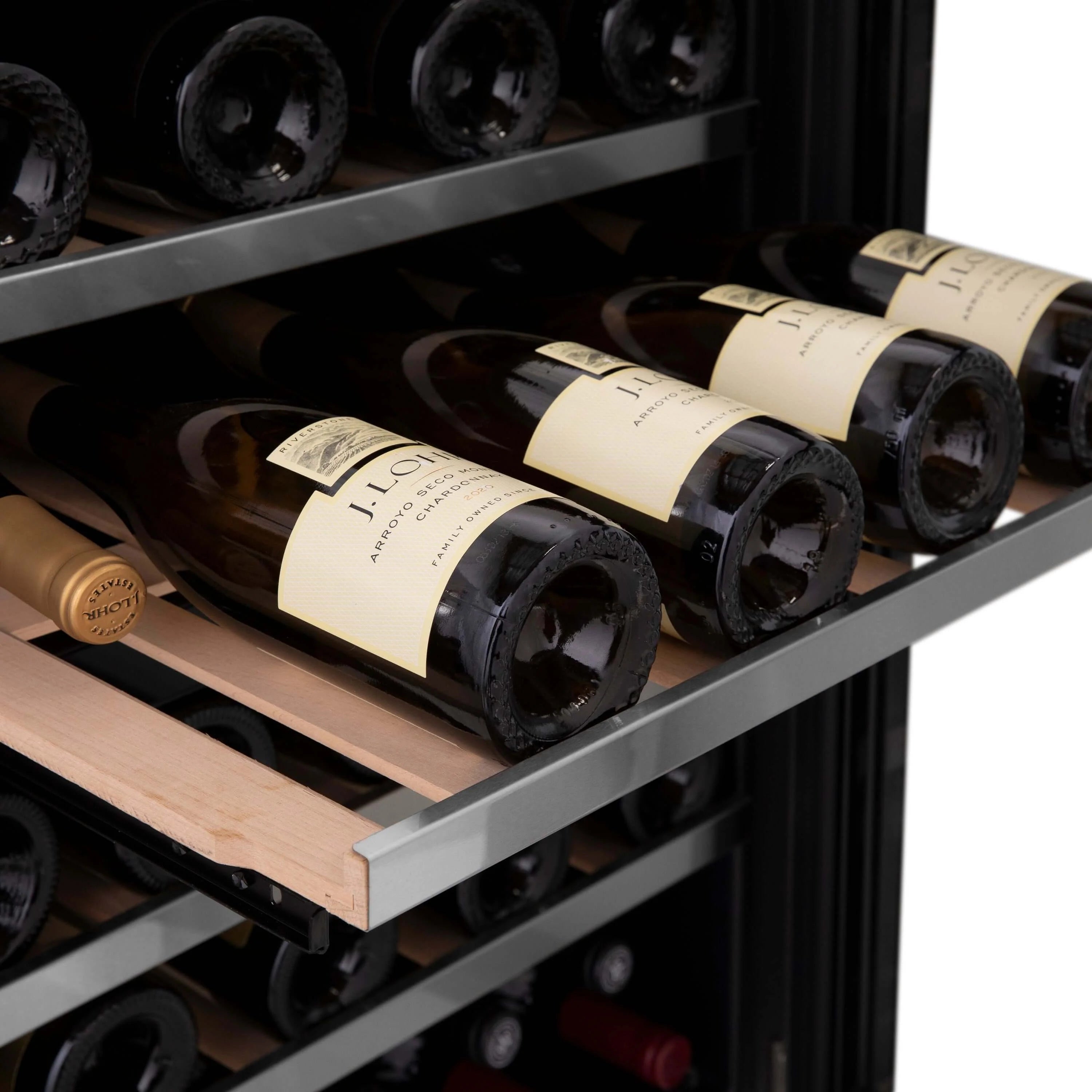 Wine cooler lower rack with dark bottles and wooden shelf inserts