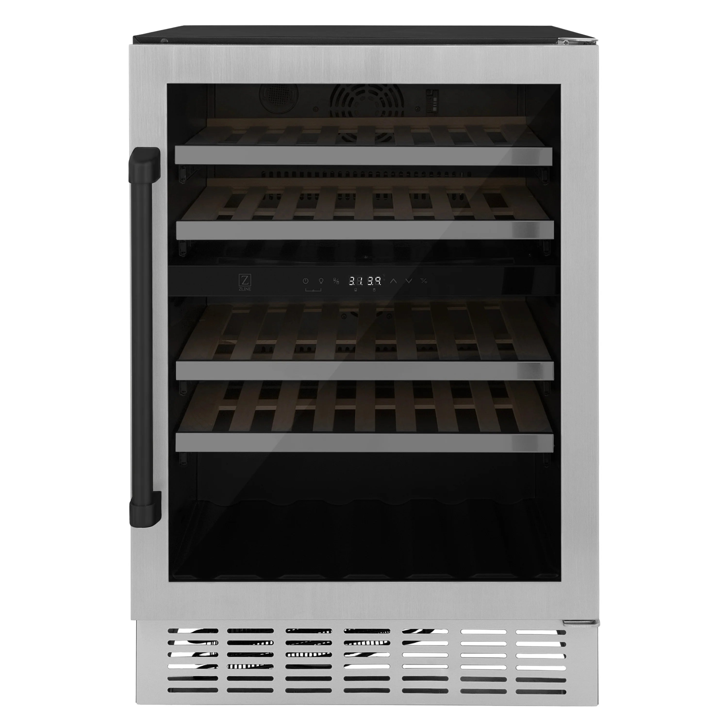 Front view wine cooler with black interior and adjustable wooden-style racks