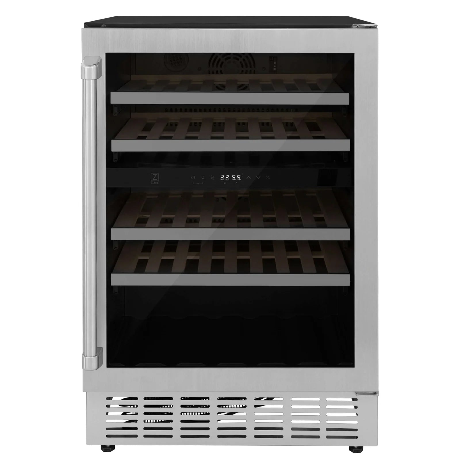 Stainless steel wine cooler front view with wooden racks inside and vented base