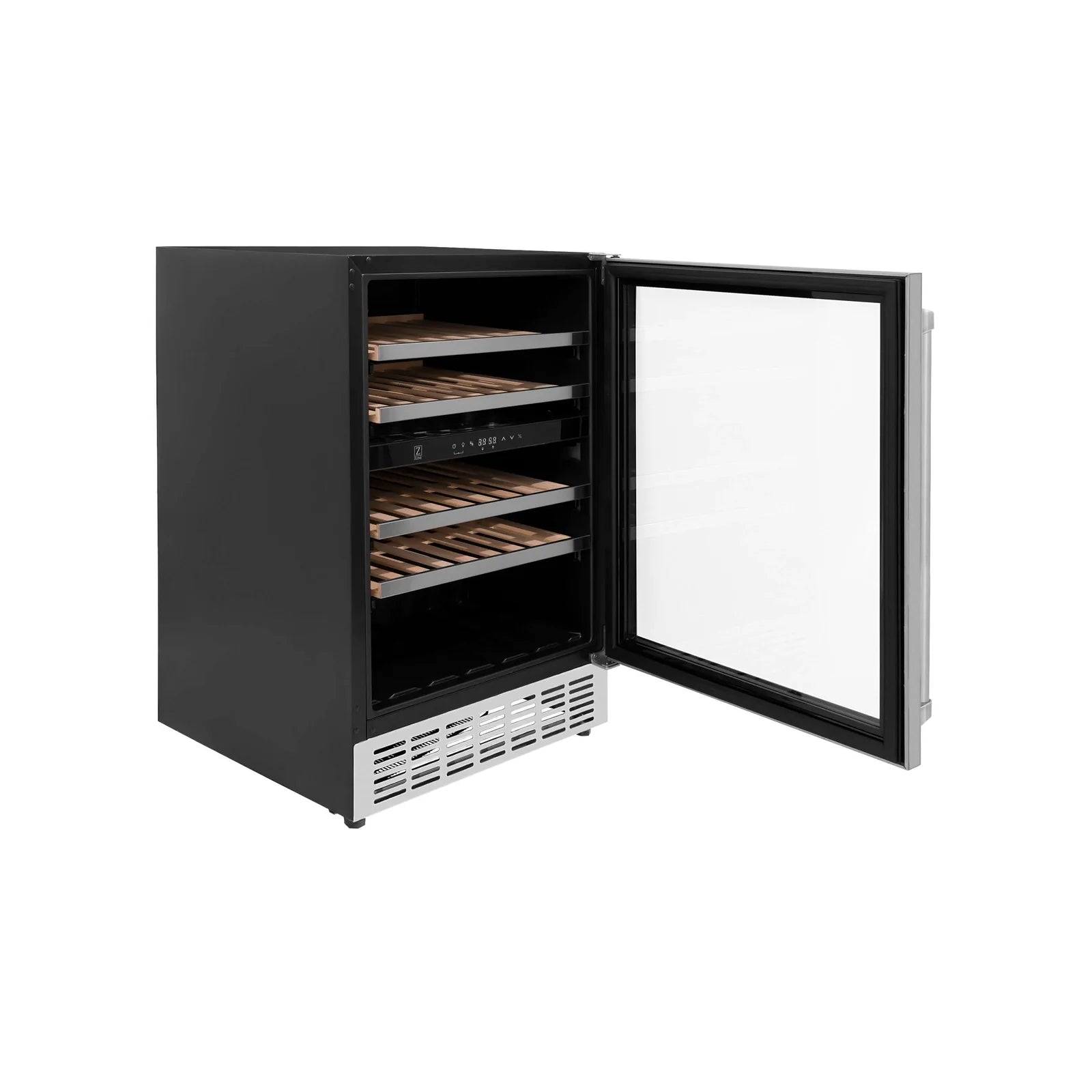 Stainless steel wine cooler with open door and illuminated interior wooden racks