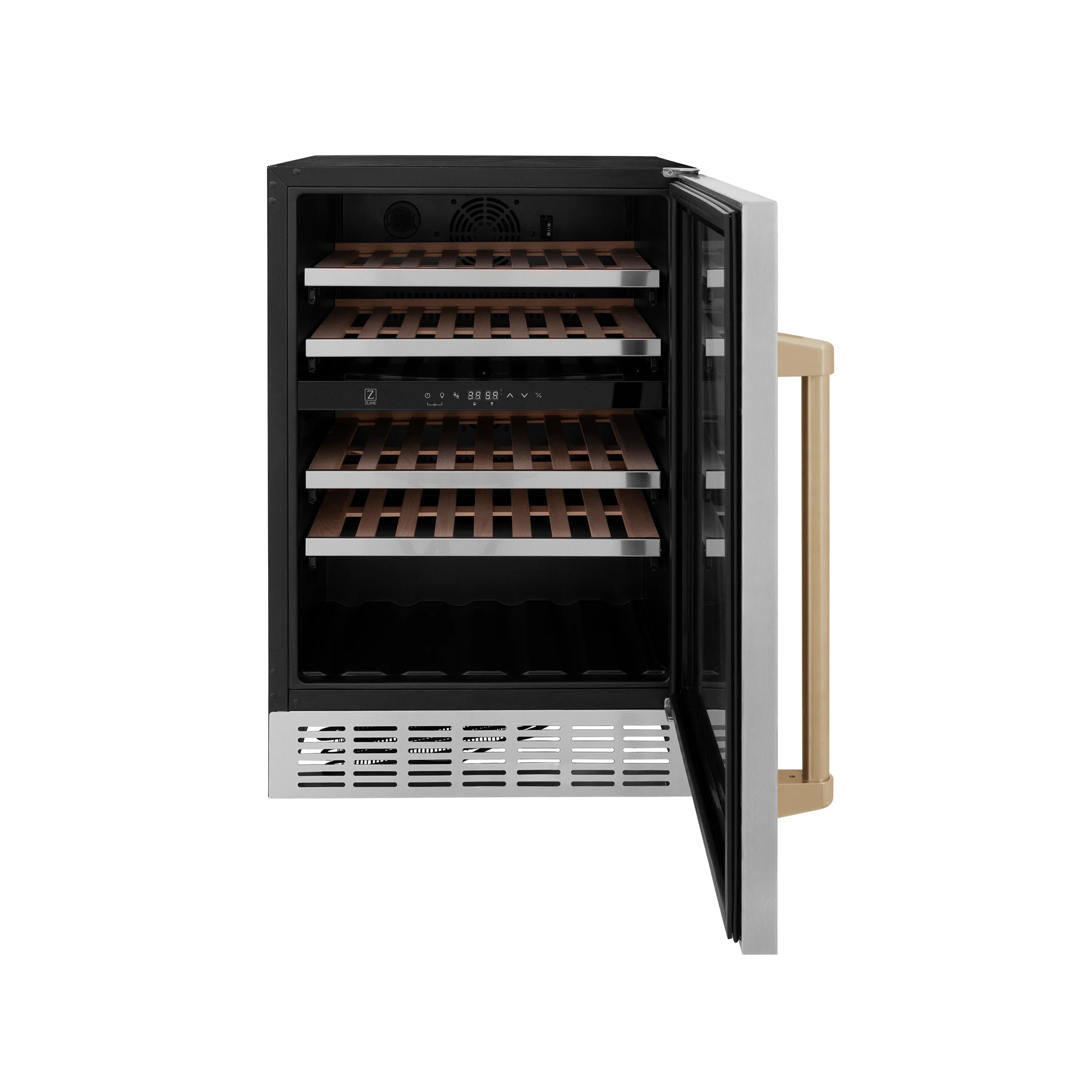 Stainless steel wine cooler with open glass door and interior wire shelves