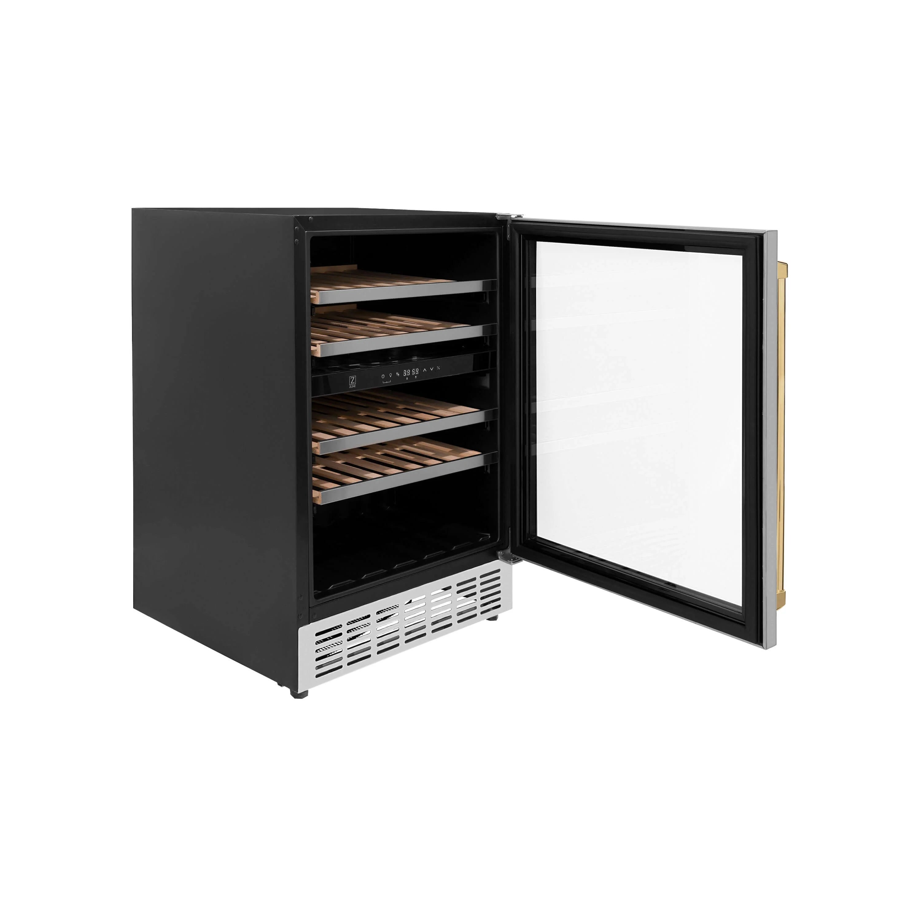 Wine cooler with open black door, gold frame, dual-zone wooden wine racks